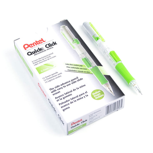 Pentel QUICK CLICK Mechanical Pencil (0.7mm), Green Barrel, Box of 12 Pencils (PD217D)