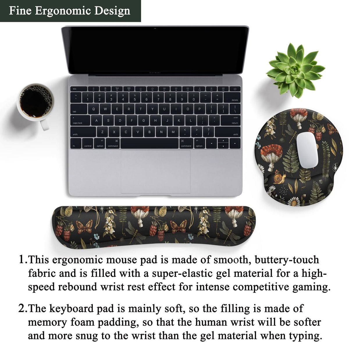 Plant Mushroom Mouse Pad Black Aesthetic Ergonomic Desk Pad Wrist Support Keyboard Wrist Rest Set