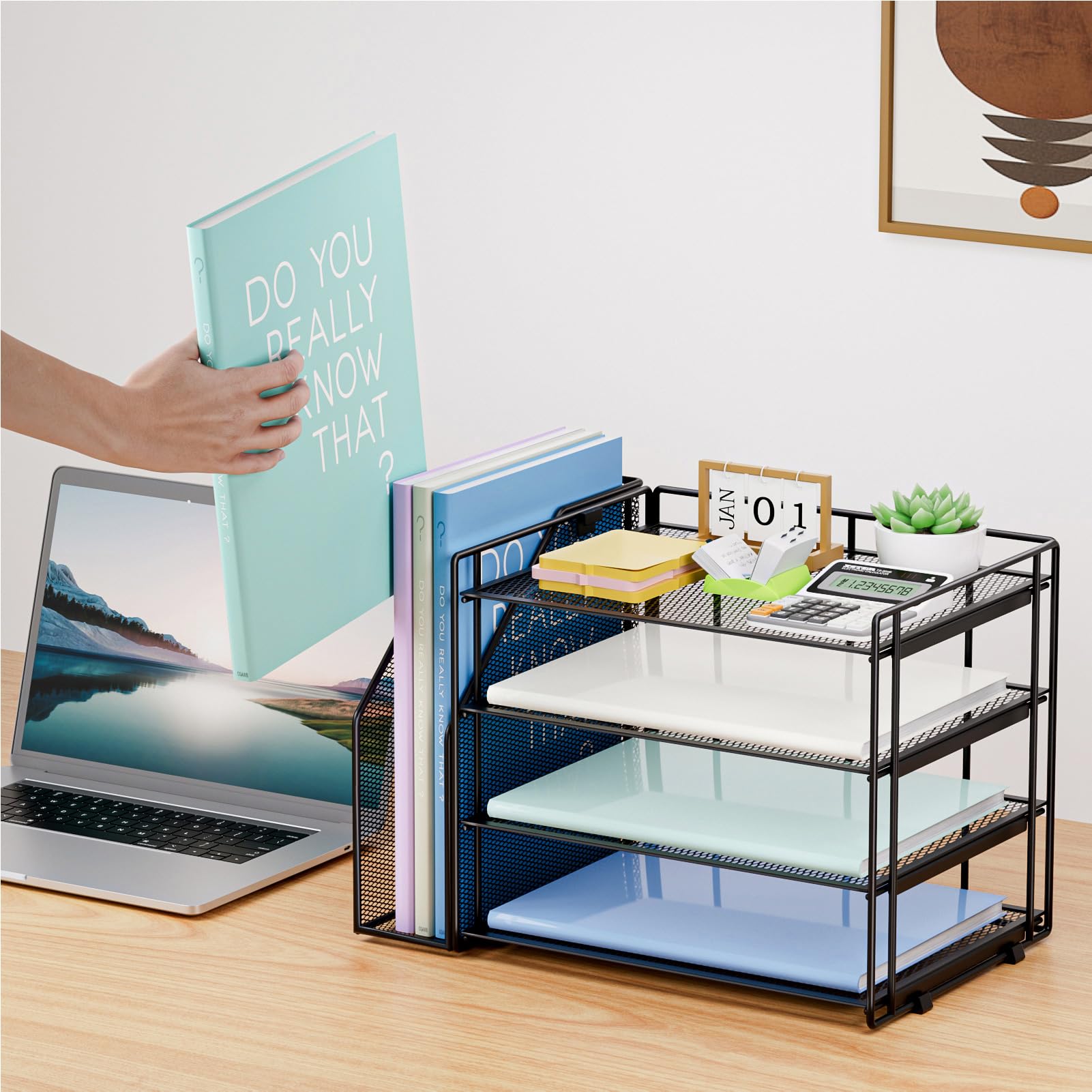 Marbrasse 4-Tier Paper Tray Organizer with File Holder, Black
