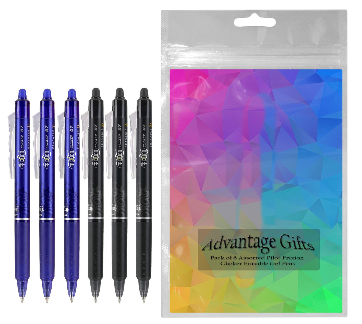 Advantage Gifts Clicker Retractable Erasable Gel Pens Fine Point (.7mm) Assorted Colors Black/Blue
