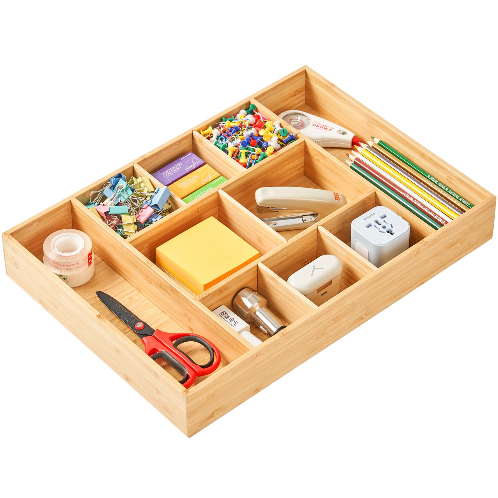 Umilife Extra Large Bamboo Desk Drawer Organizer, Wood Junk Organizer Tray with Adjustable