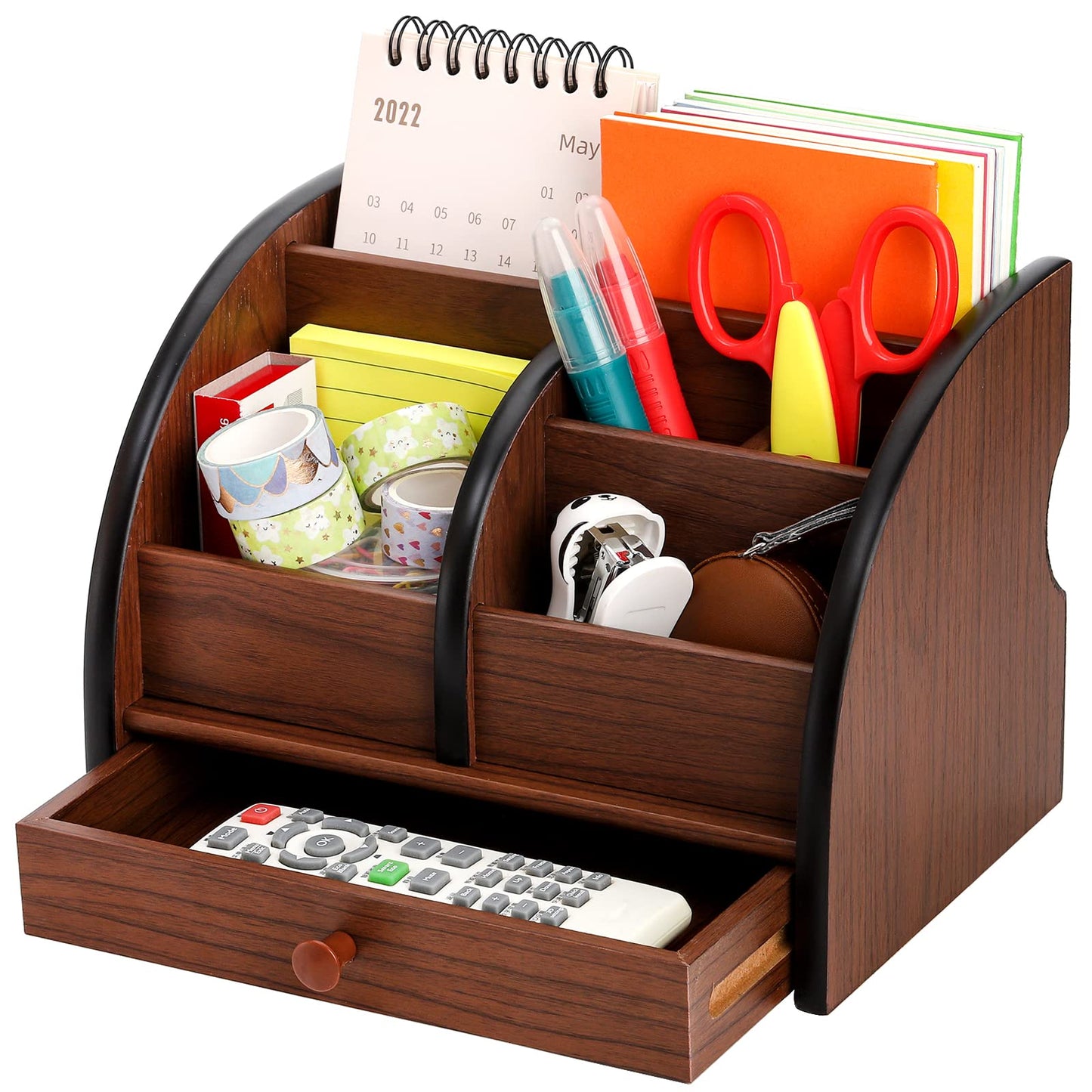Foraineam Wooden Desk Organizer with Drawer, Remote Control Holder Caddy, Makeup Organizers, Wood