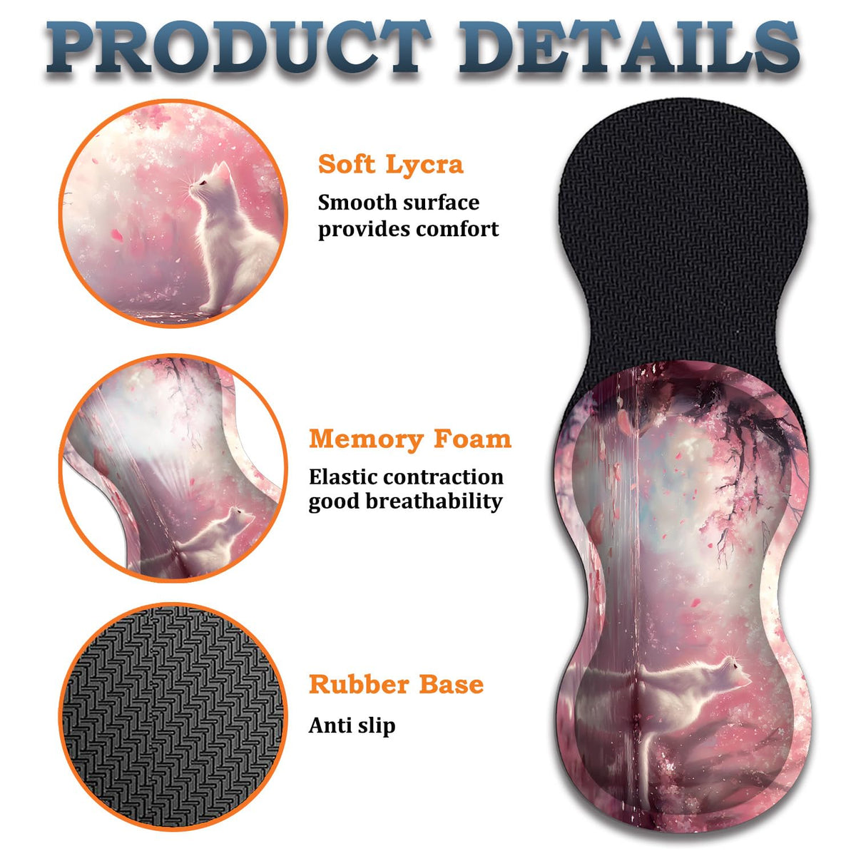 3-Piece Cherry Blossom Cat Mouse Pad Set, Including Wrist Support Pad and Cup Holder, with