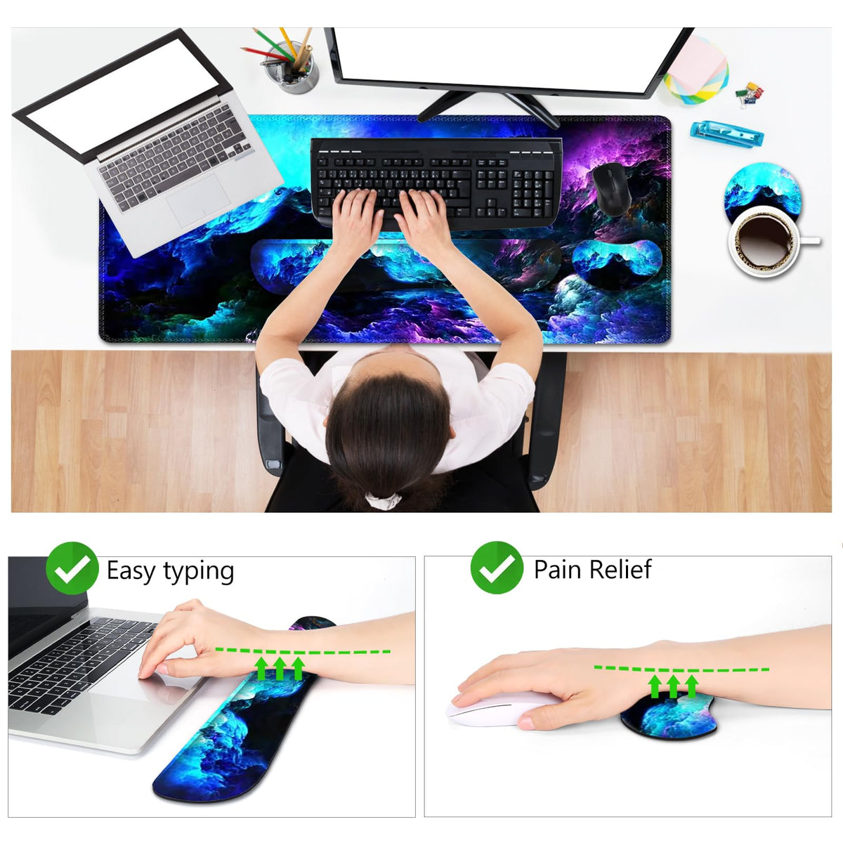 AIMSA Keyboard Mouse Pad Wrist Rest Set, Extended Desk Mat+ Ergonomic Mouse Pad with Wrist Rest+