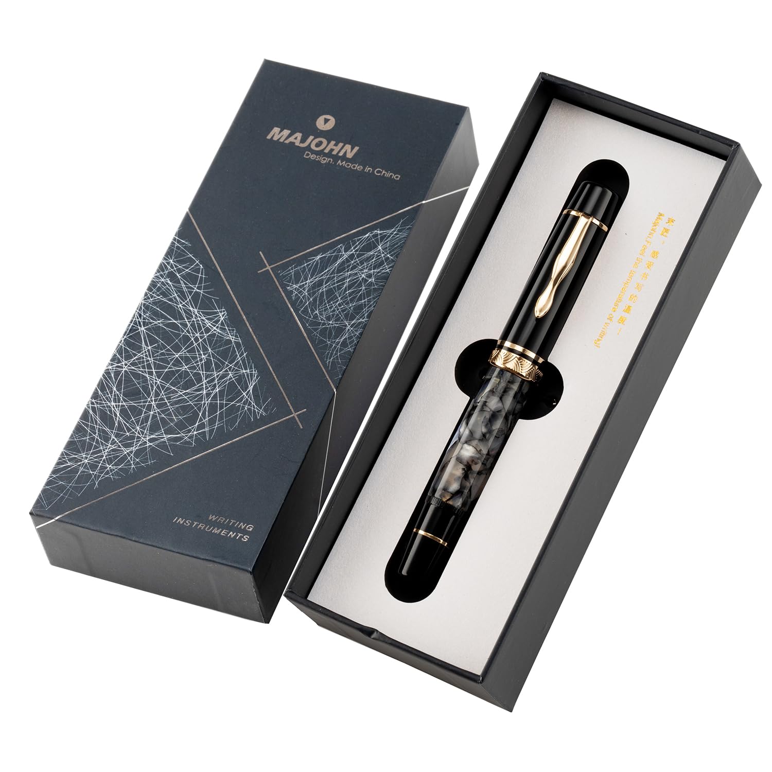 erofa Majohn P139 Piston Fountain Pen No.8 Medium Nib with Box, Gray Marble Acrylic Large Capacity