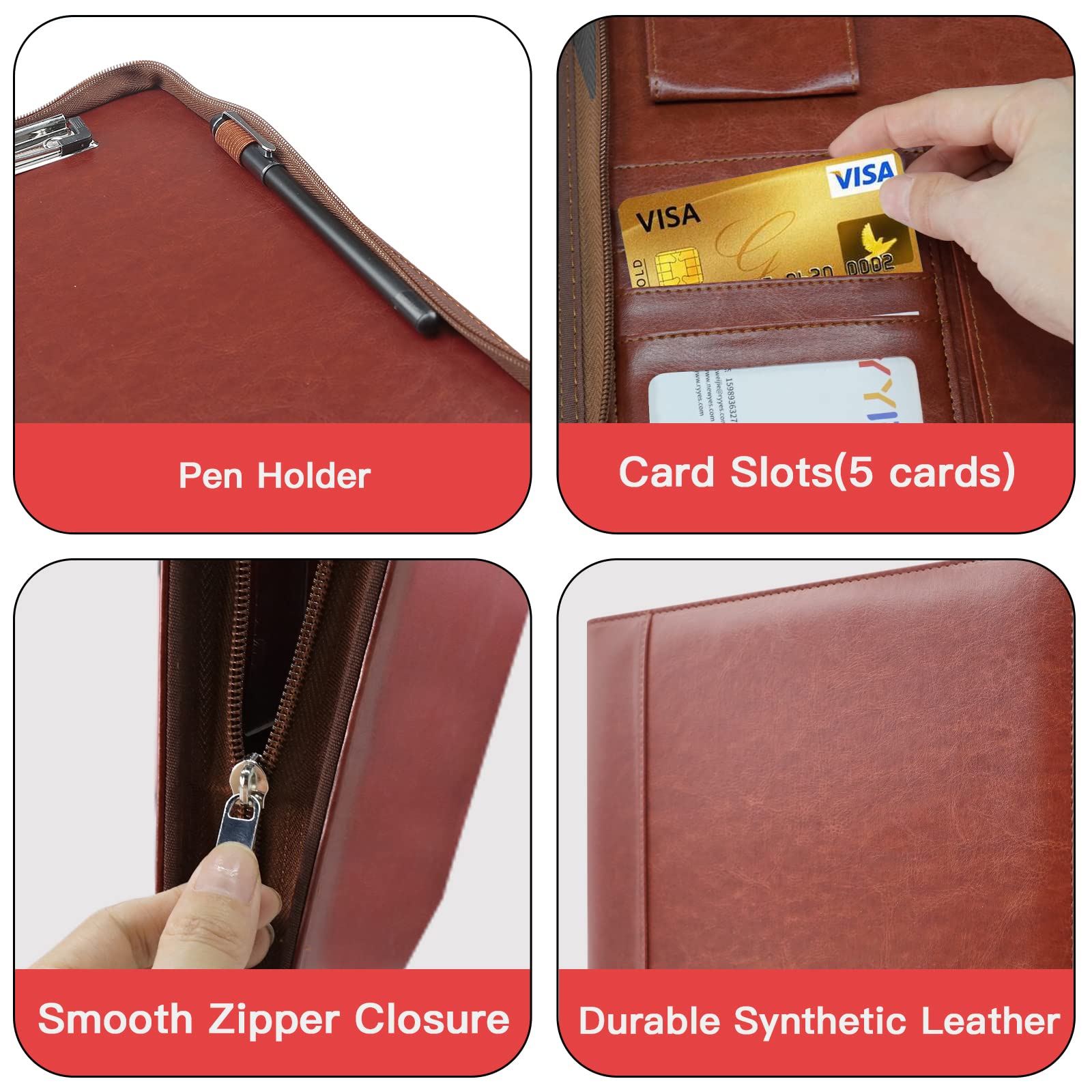 WRIYES Zippered Portfolio Organizer with 3 Ring Binder, Brown