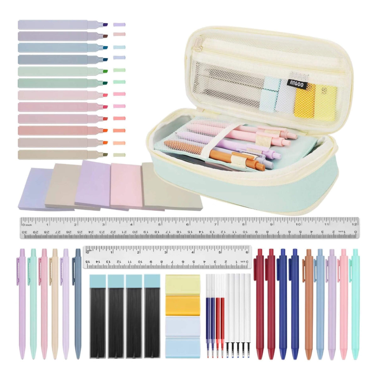NVAZIOP 52 Aesthetic School Supplies with Cute Pen Case,5 Black, 2Blue,2 Red Ink Gel Pens,12inch