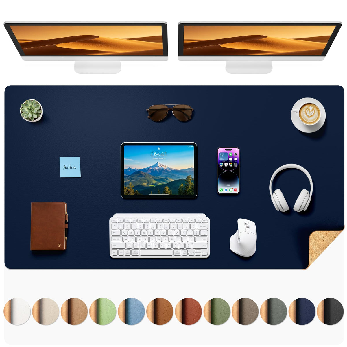 Aothia Dual-Sided Desk Mat, FSC Cork & PU Leather Desk Pad, Large Mouse Pad & Writing Surface for