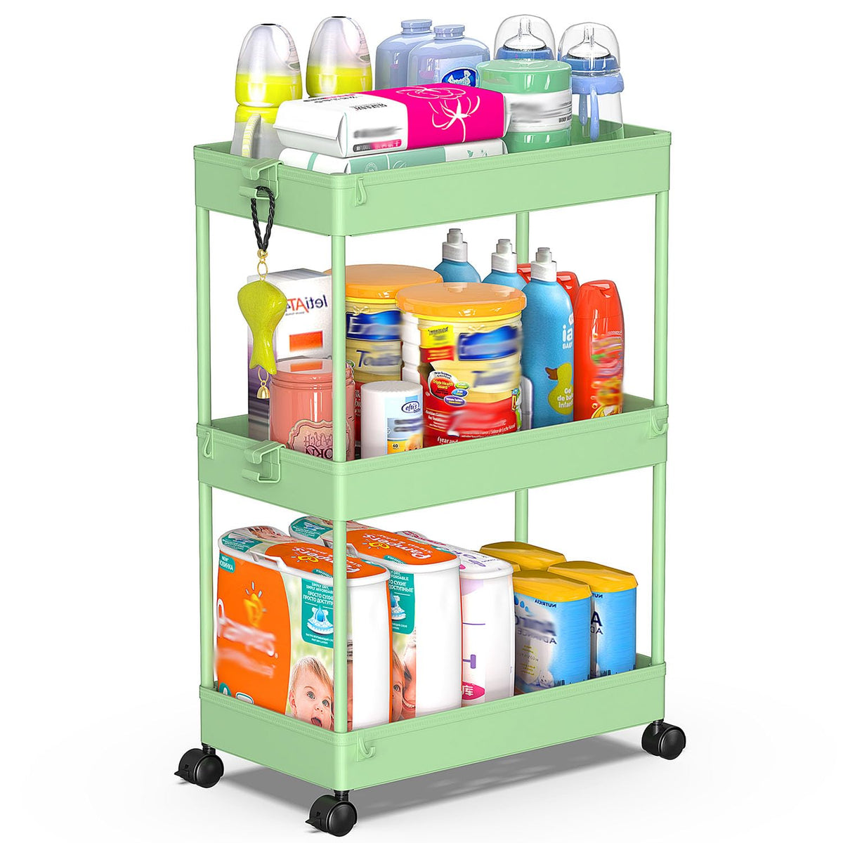 SPACEKEEPER 3 Tier Rolling Cart, Bathroom Cart Organizer with Wheels, Green