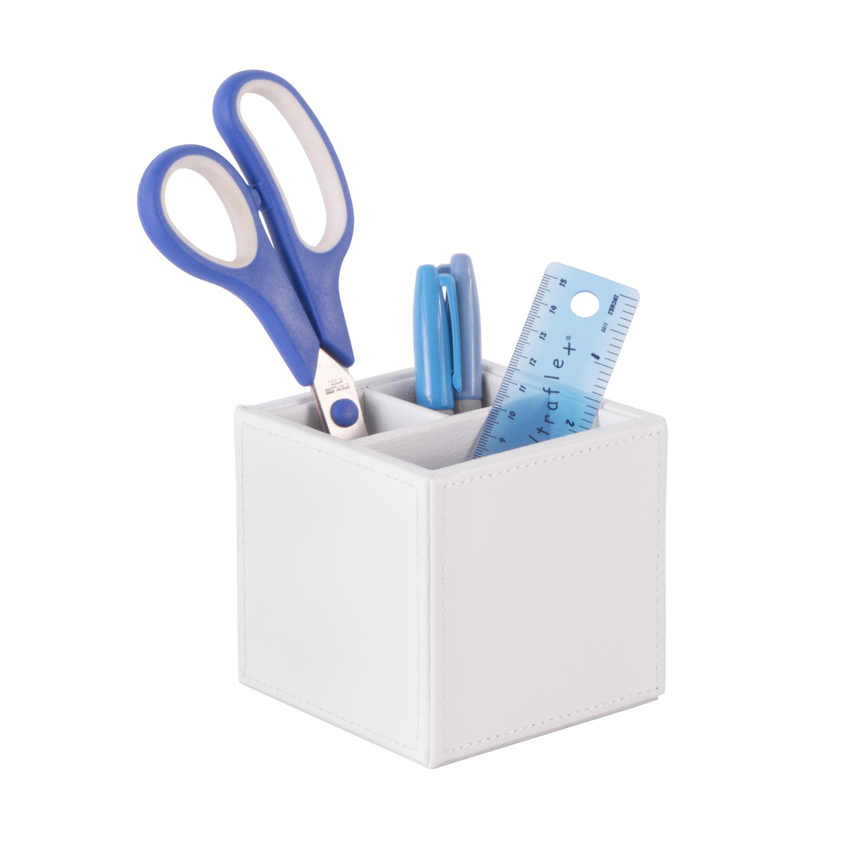 OSCO White Faux Leather Pen Pot | 3 Sections | Pencil Holder | Desk Tidy | Office Organiser |