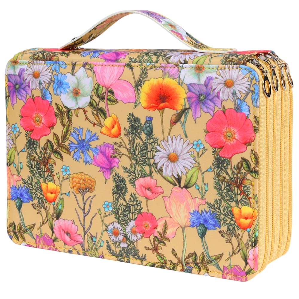 Vomgomfom 200 Slots Pencil Case 4-Layer PU Leather, Handle, Yellow Flower