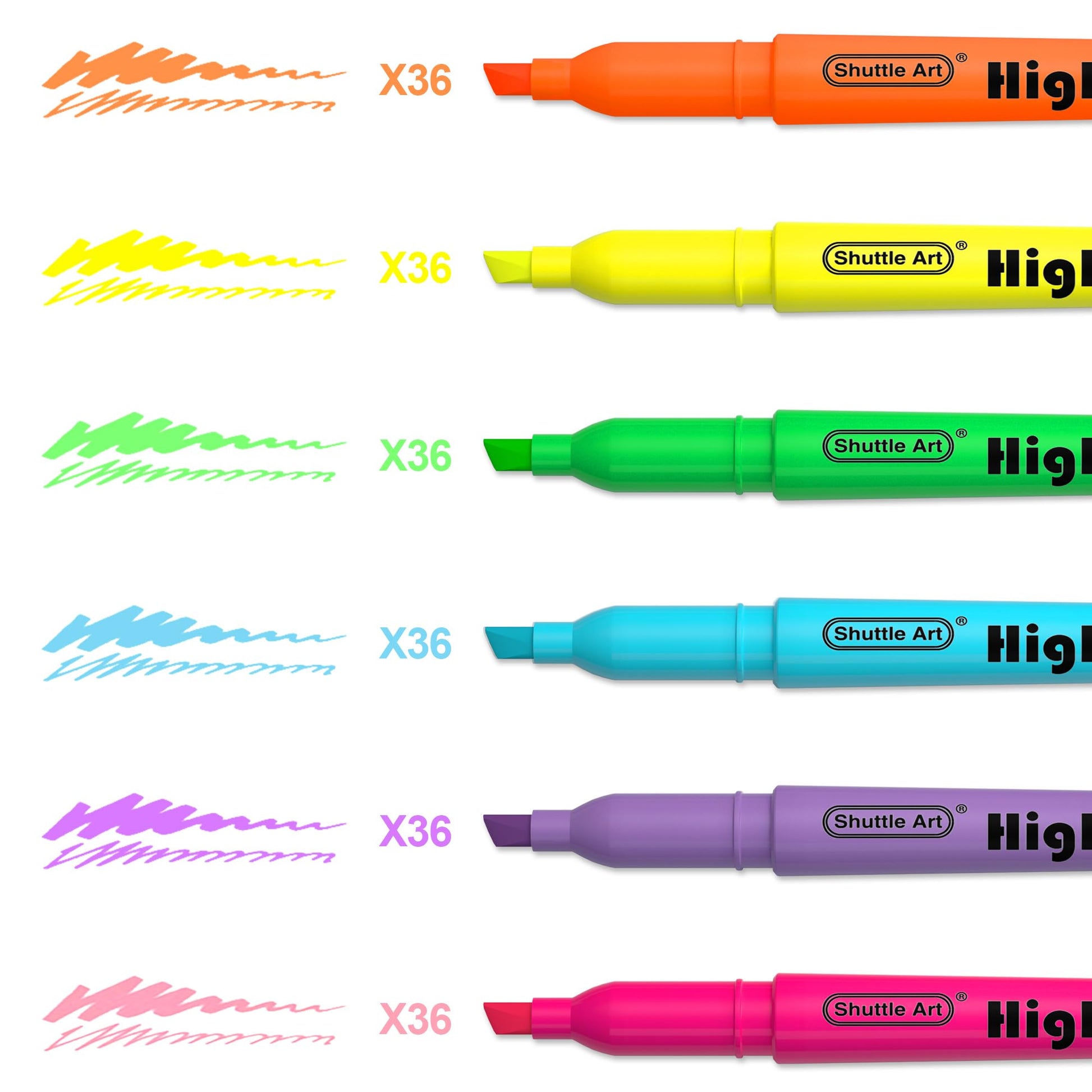 Shuttle Art 216 Pack Highlighters, Assorted Colors Marker Set, 6 Bright Colors Chisel Tip