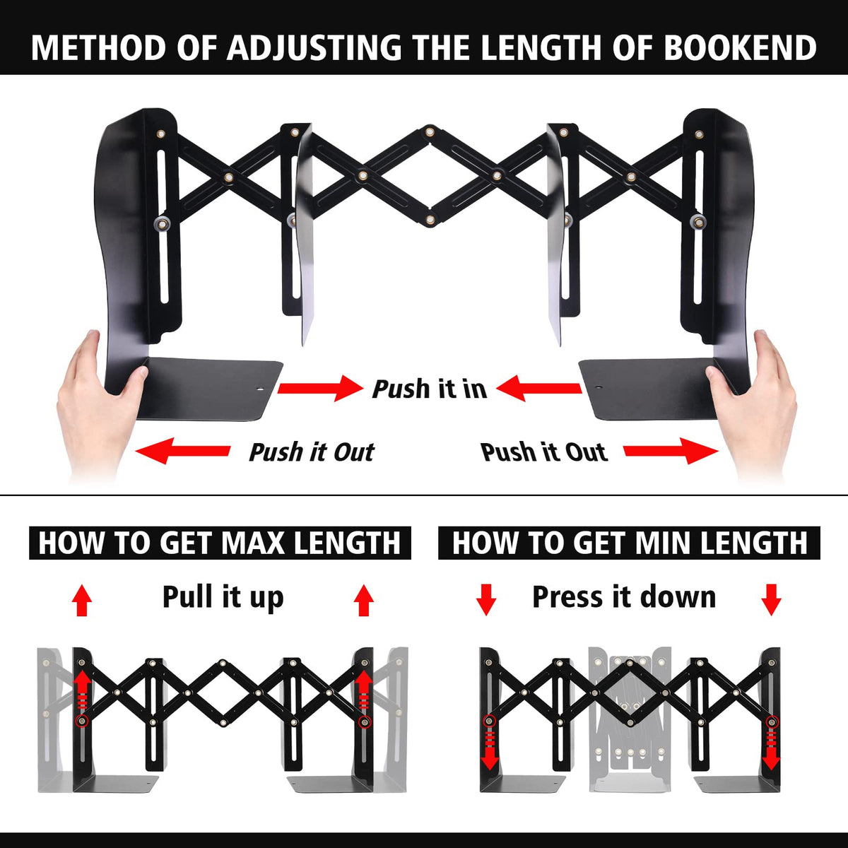 Adjustable Bookends, Metal Book Ends for Heavy Book, 2 Dividers, Nonslip Book Stander for Desk