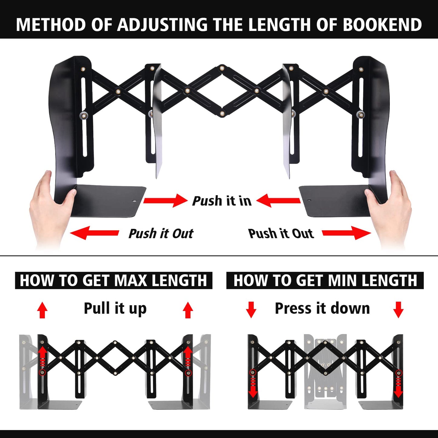 2 Pack Adjustable Metal Book Ends for Heavy Books, Extends Up to 19", Black