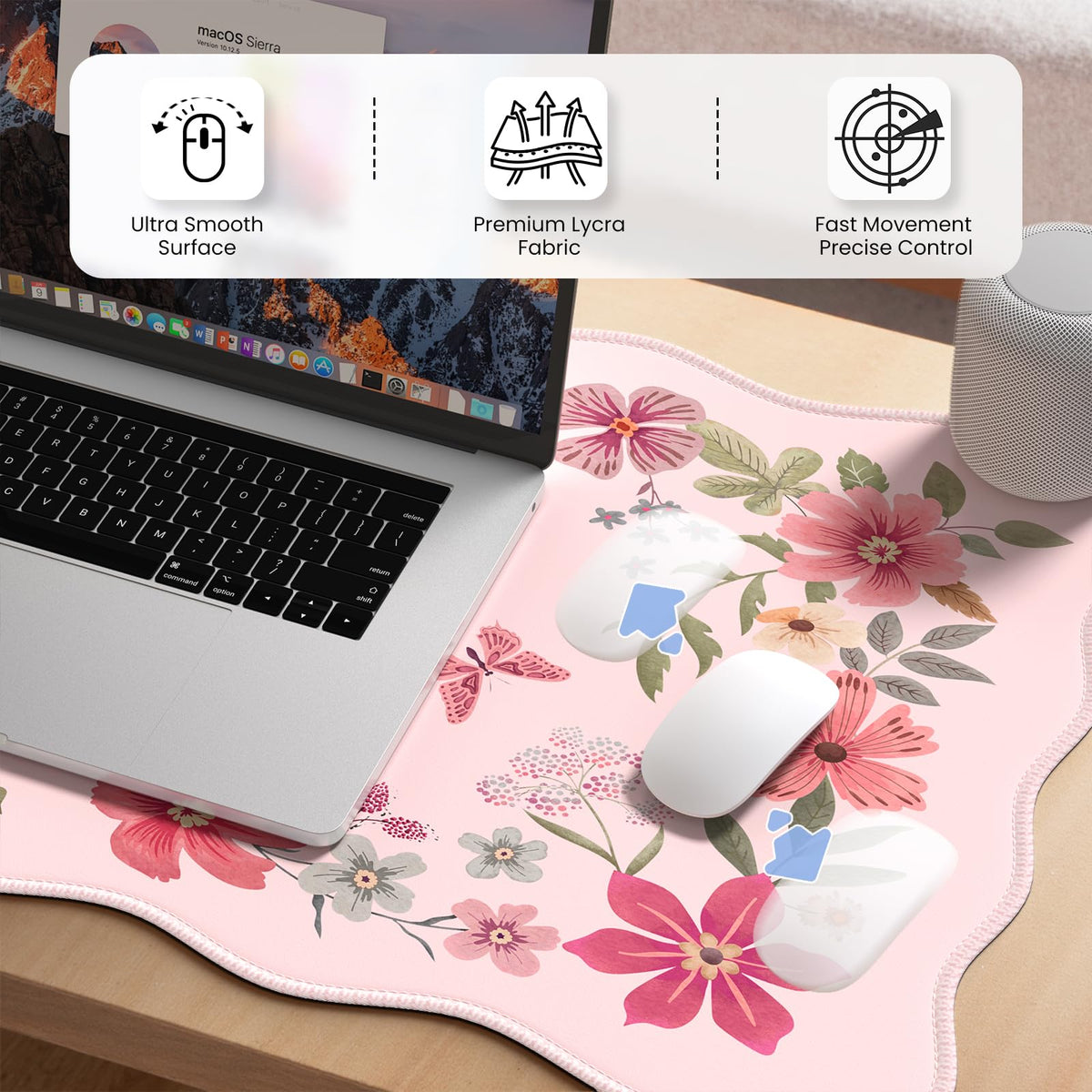 HAOCOO Floral Desktop Mat with Scalloped Edge, XL Computer Pad(Hot Pink)