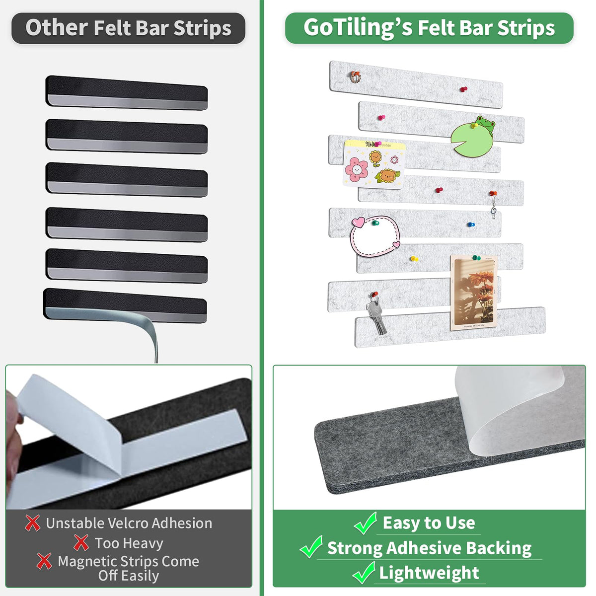 GoTiling Cork Board for Walls - 8 Pack Felt Pin Board Bar Strips - Self-Adhesive Lightweight