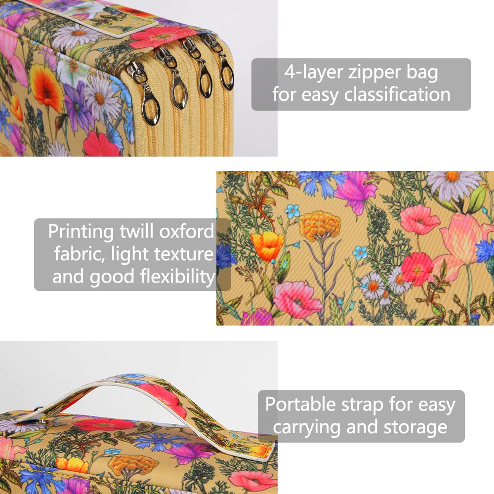 Vomgomfom 200 Slots Pencil Case 4-Layer PU Leather, Handle, Yellow Flower