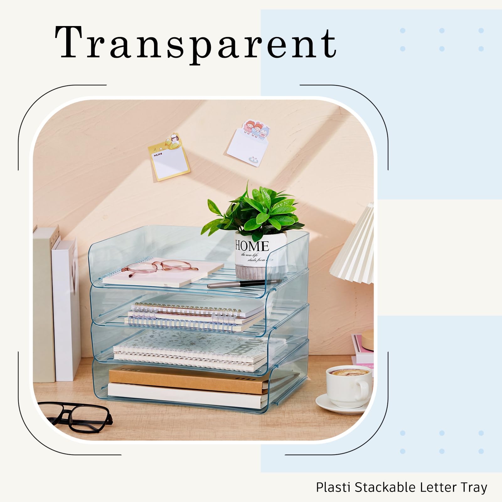 Harloon 4 Tier Clear Blue Acrylic Paper Organizer Letter Tray, Aesthetic Stackable Desk File