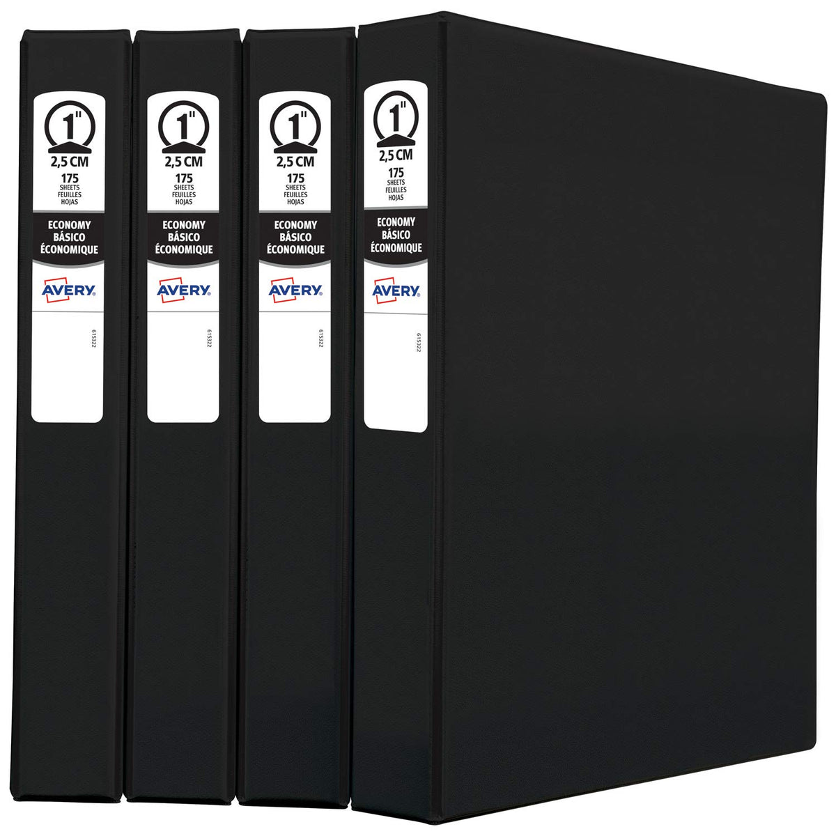 Avery Economy 3 Ring Binders, 1" Round Rings, 4 Black Binders (03301)