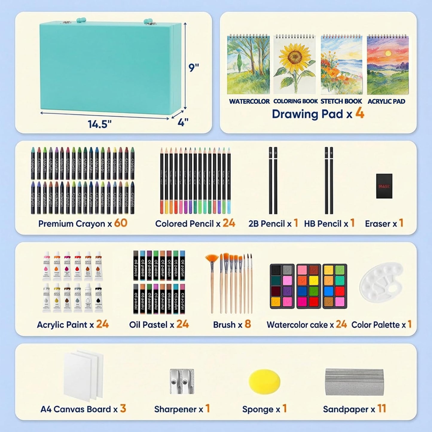 194 Piece Deluxe Art Set, Painting Drawing Art Supplies with 4 Drawing Pads, Acrylic Paints