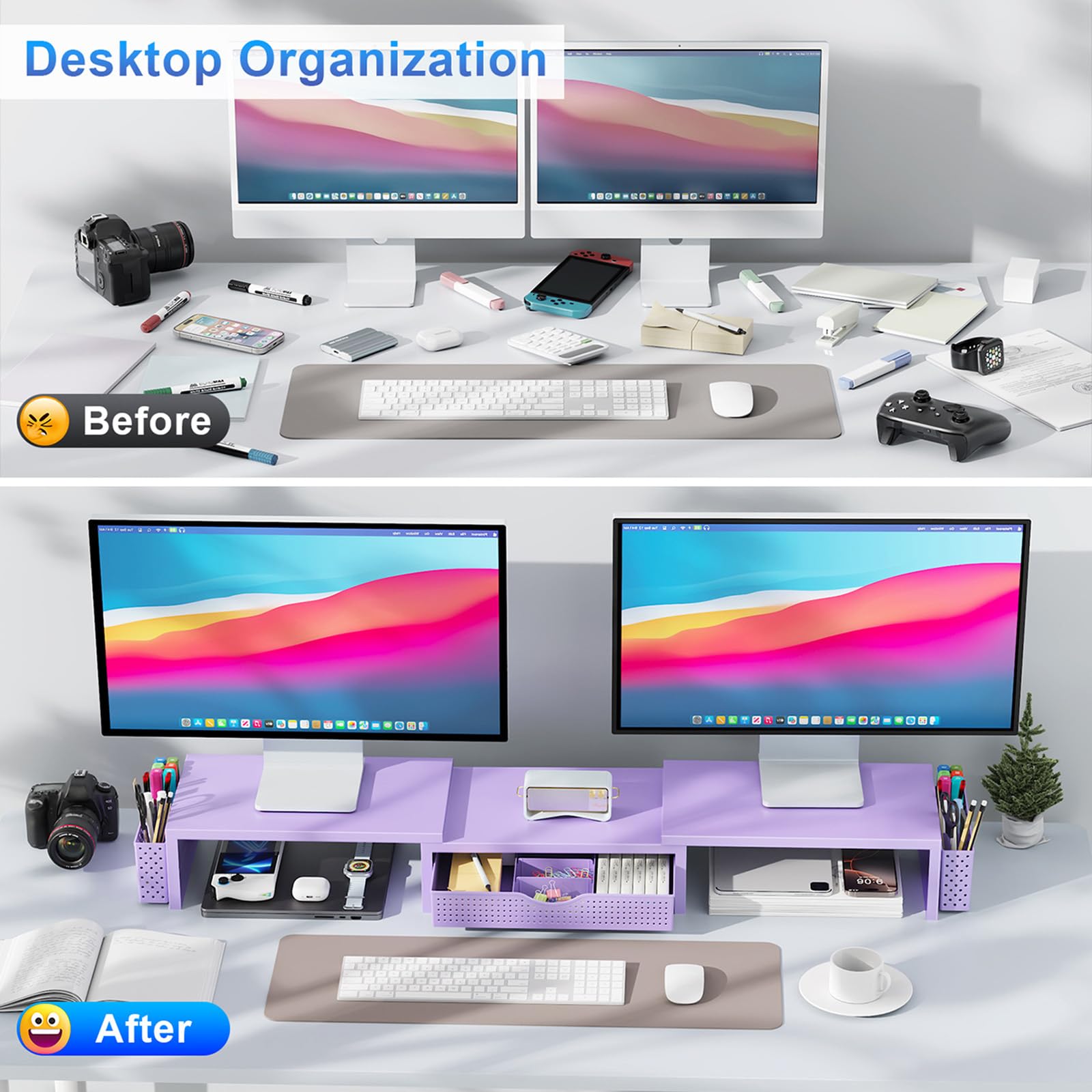 gianotter Dual Monitor Stand Riser With Drawer and 2 Pen Holders