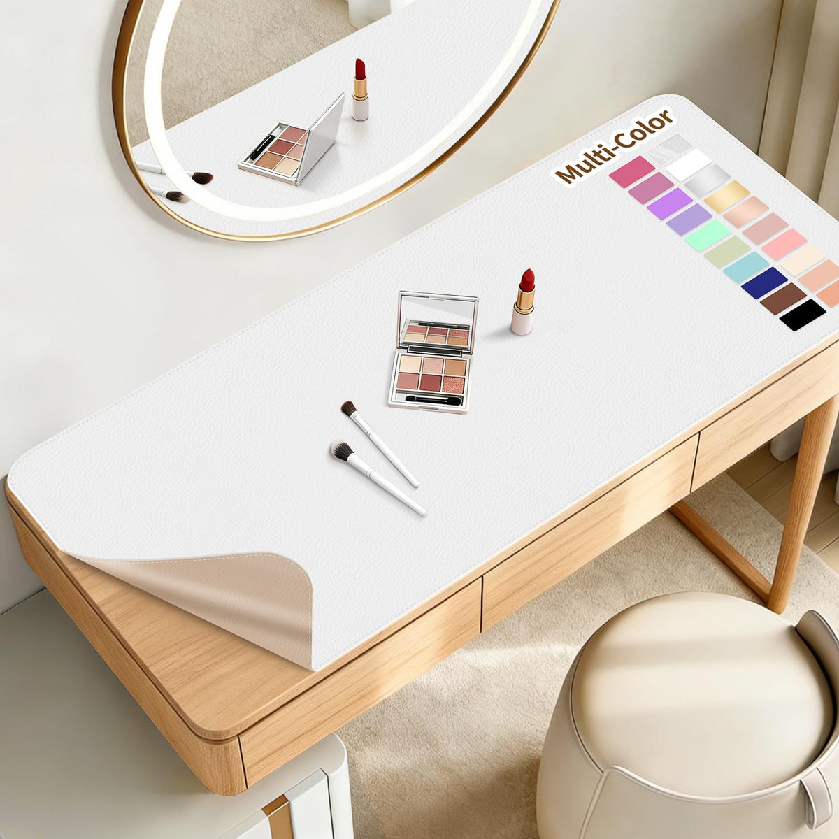 Makeup Mat for Vanity to Protect Desk Top, 31.5x15.7in, White and Khaki