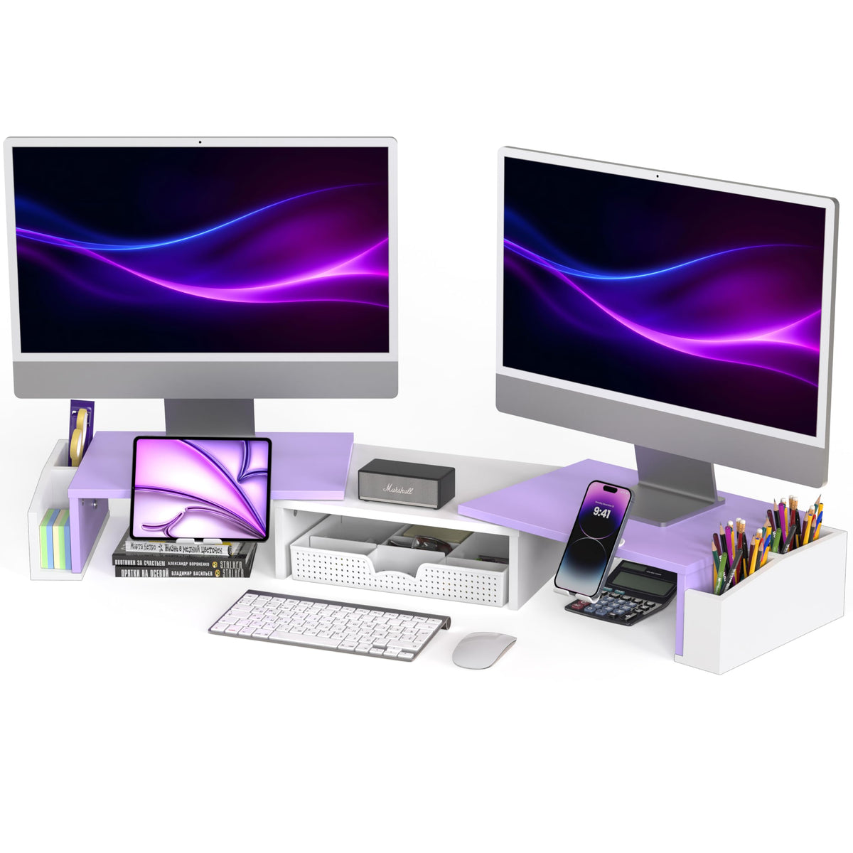 Simple Houseware Desk Dual Monitor Stand Riser with Drawer, Purple