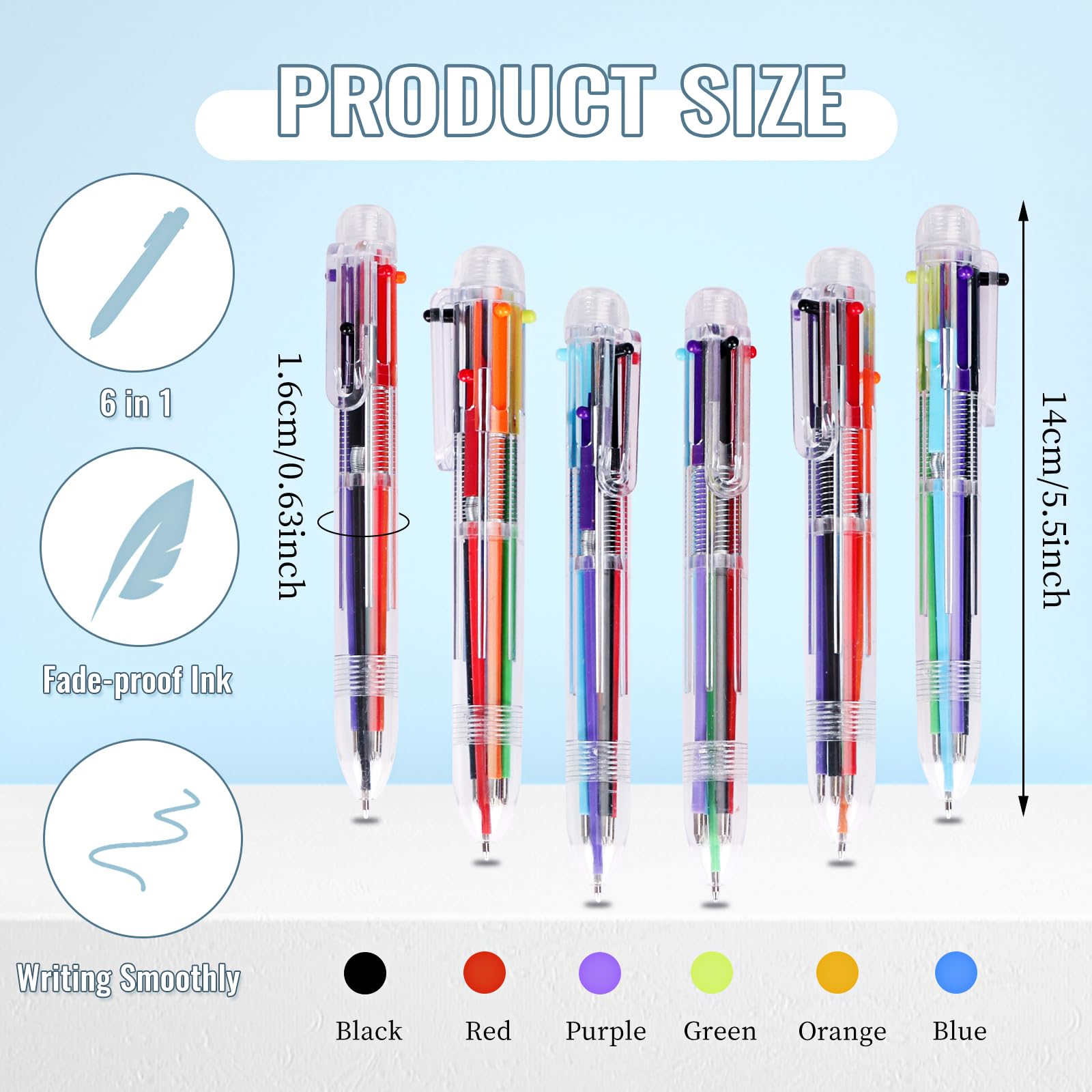 JPSOR 48 Pack Multicolor Ballpoint Pens 6 in 1 Transparent 0.5mm