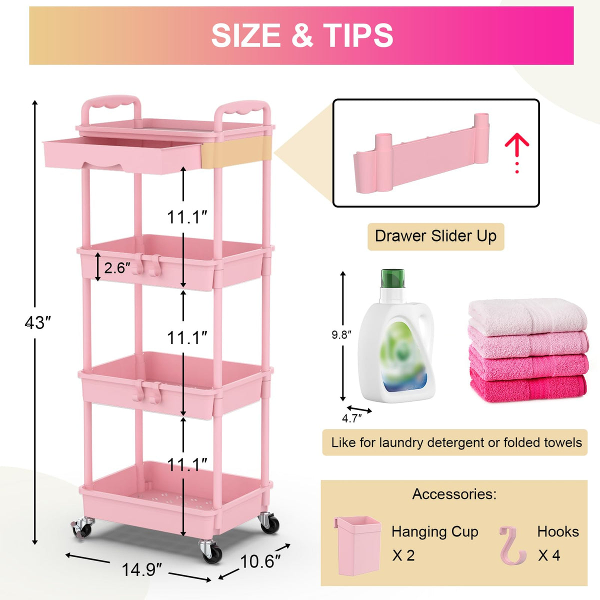 Goovilla 4 Tier Rolling Utility Cart Organizer with Removable Drawer, Pink