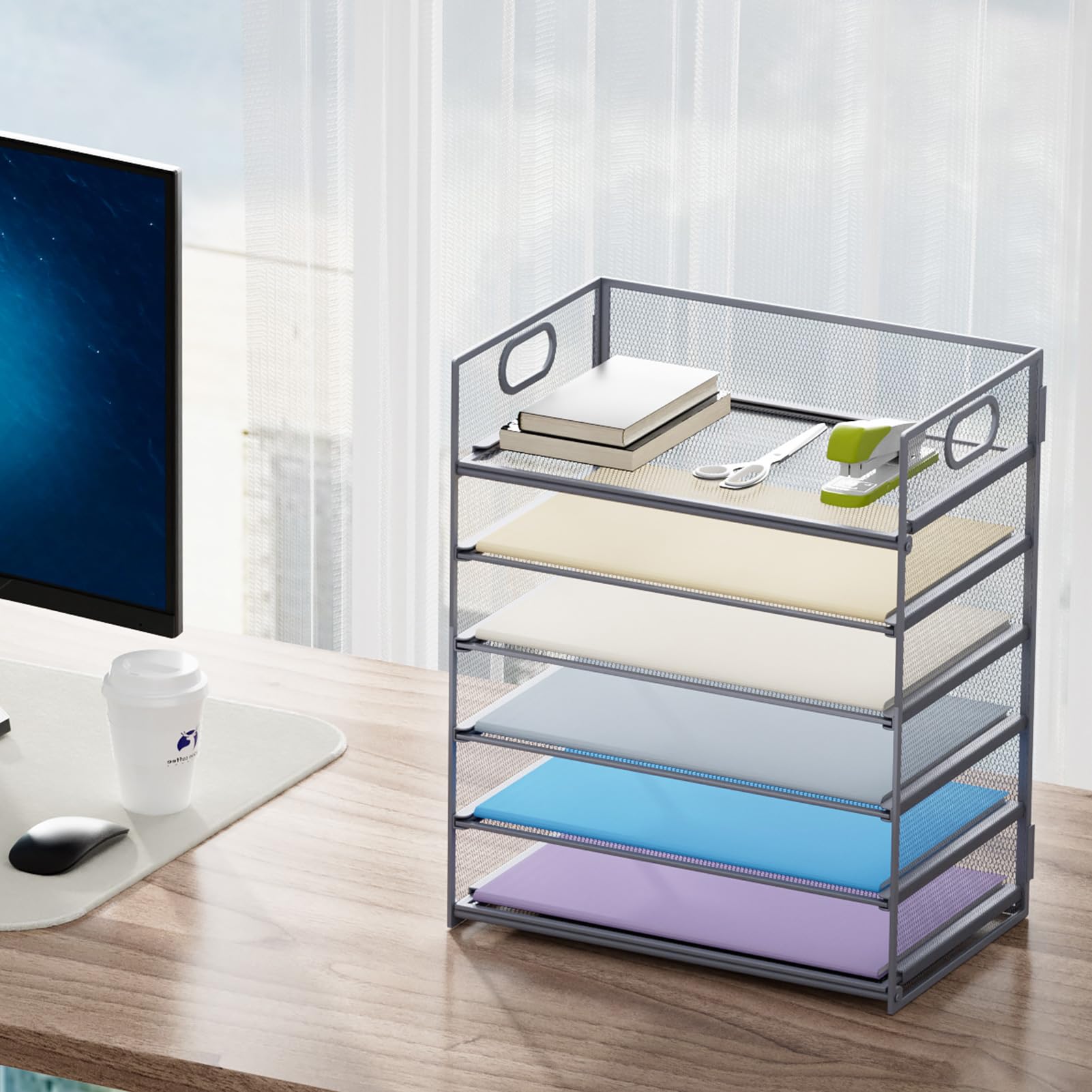 Marbrasse 6 Tier Paper Organizer Letter Tray - Mesh Desk File Organizer with Handle, Paper Sorter