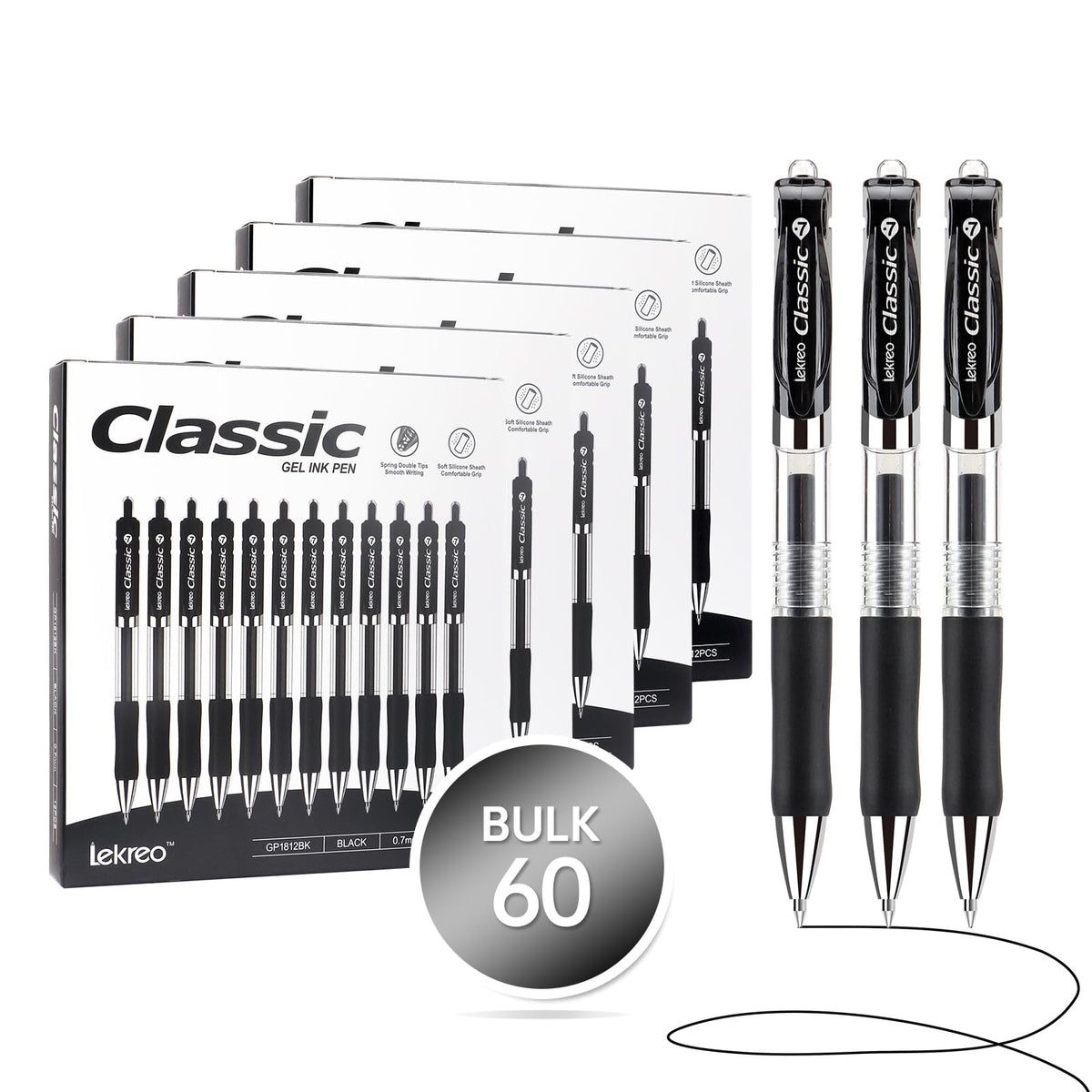 Lekreo Classic Retractable Gel Roller Pens, 0.7mm Fine Point (Black Ink - 60 Packs)