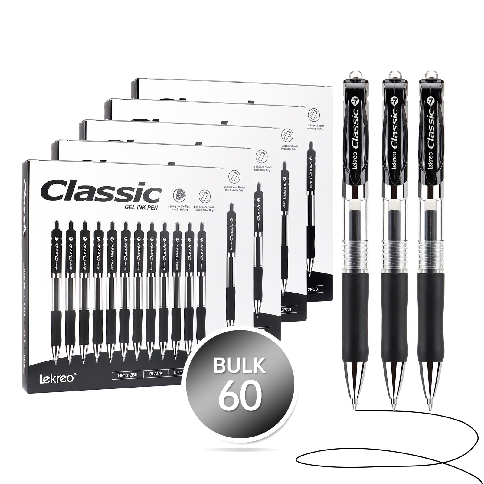 Lekreo Classic Retractable Gel Roller Pens, 0.7mm Fine Point (Black Ink - 60 Packs)