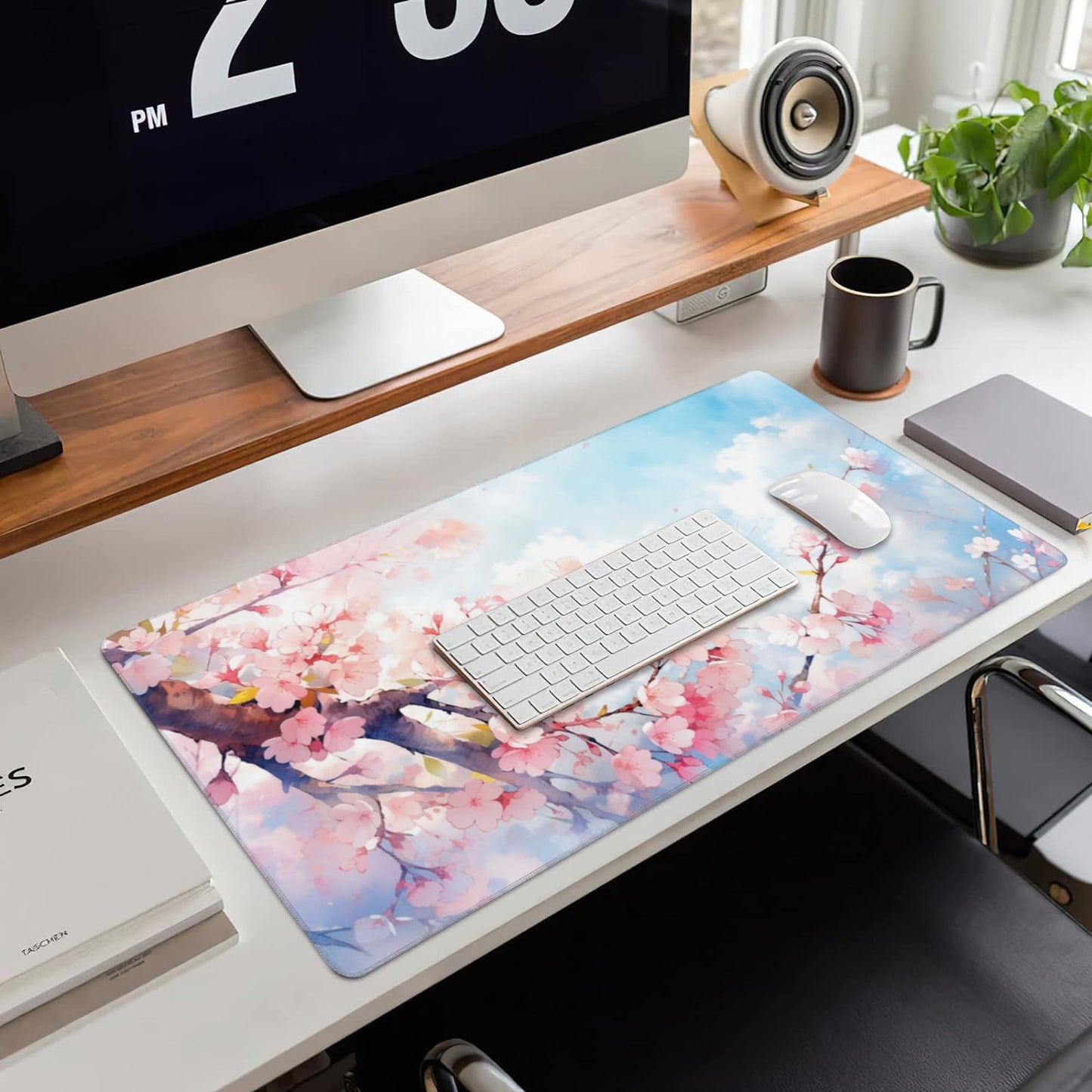 Large Gaming Mouse Pad for Desk,Cherry Blossom Tree Desk Mat for Desktop,Watercolor Floral Desk