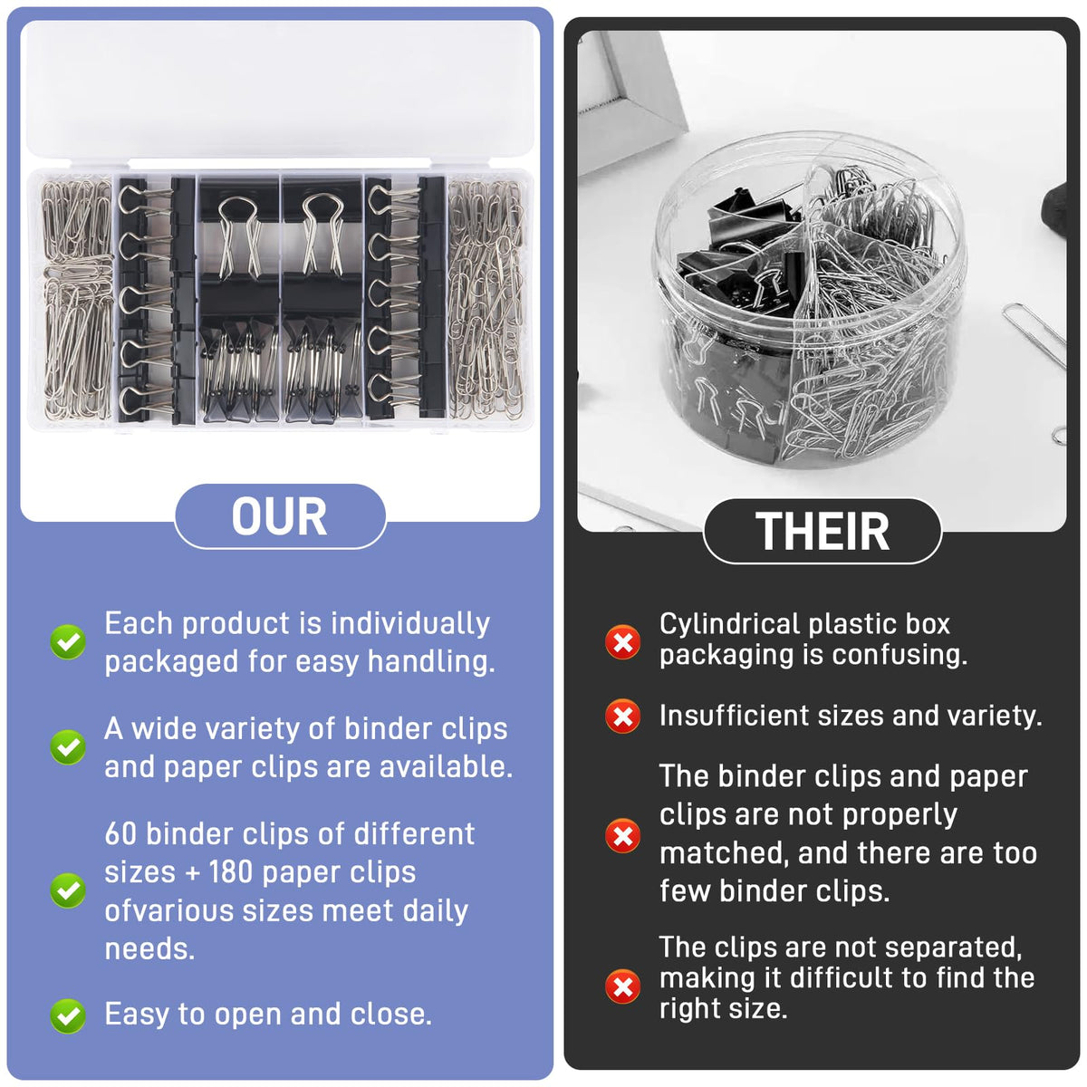 360PCS Black Assorted Size Paper Clips and Binder Clips, Paperclips Large Medium Small, Binder Clip