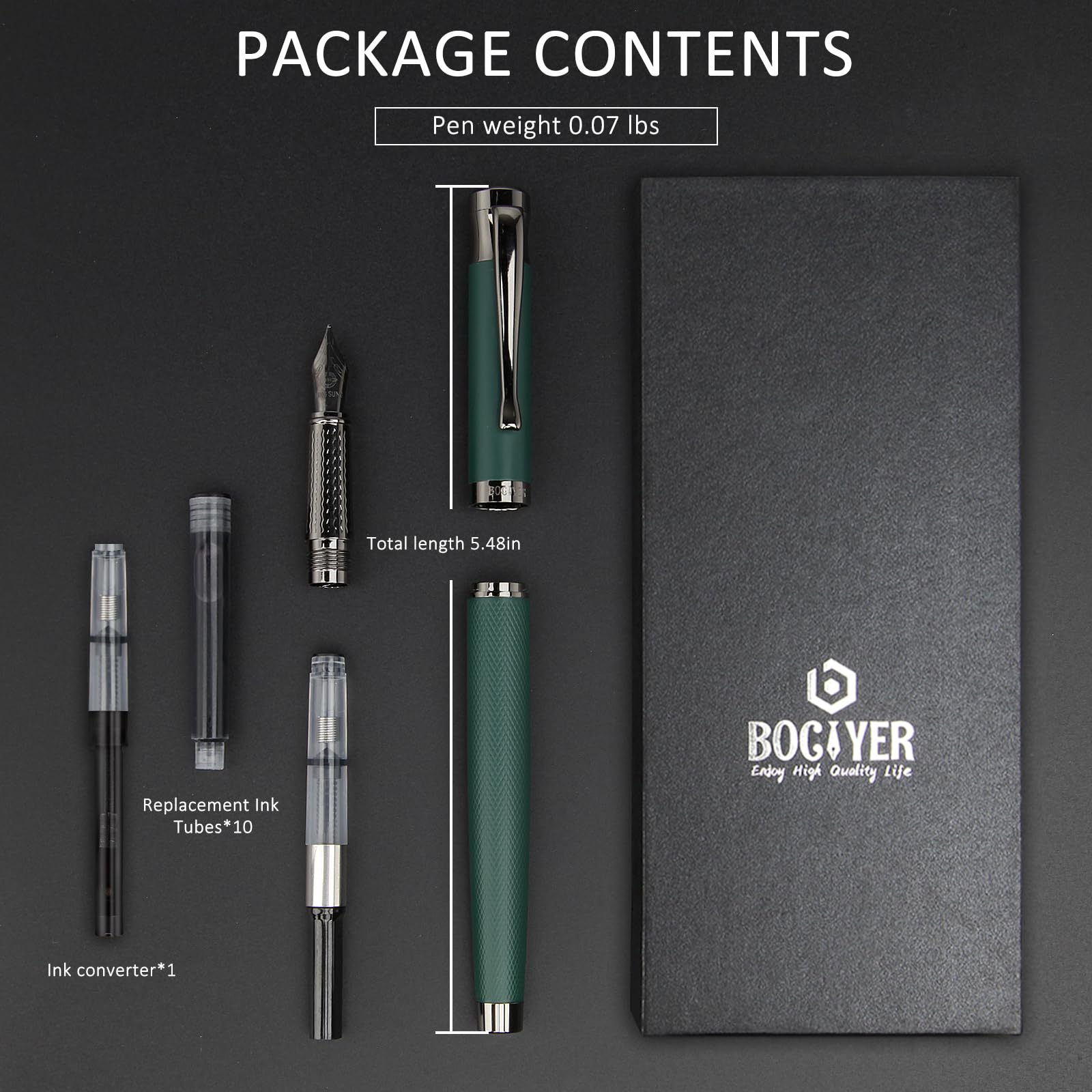 BOCIYER Luxury Fountain Pen Set,Ink Pen for Smooth Writing,Medium Nib,Includes 10 Ink