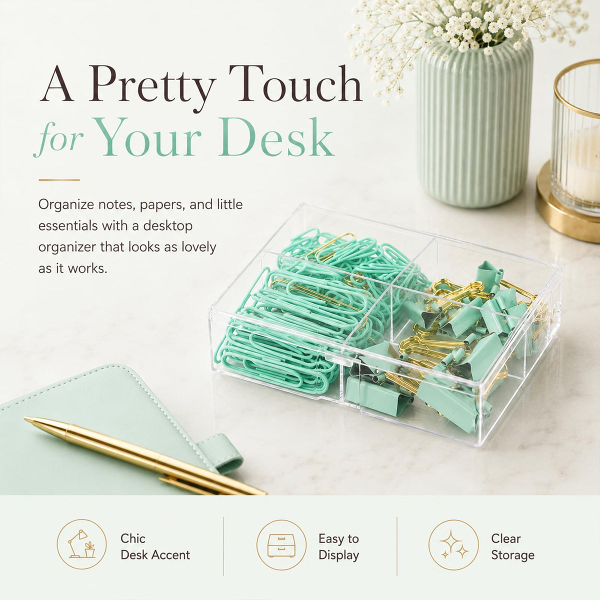 Creechwa Paper Clips & Binder Clips Set, Green & Gold, Assorted Size