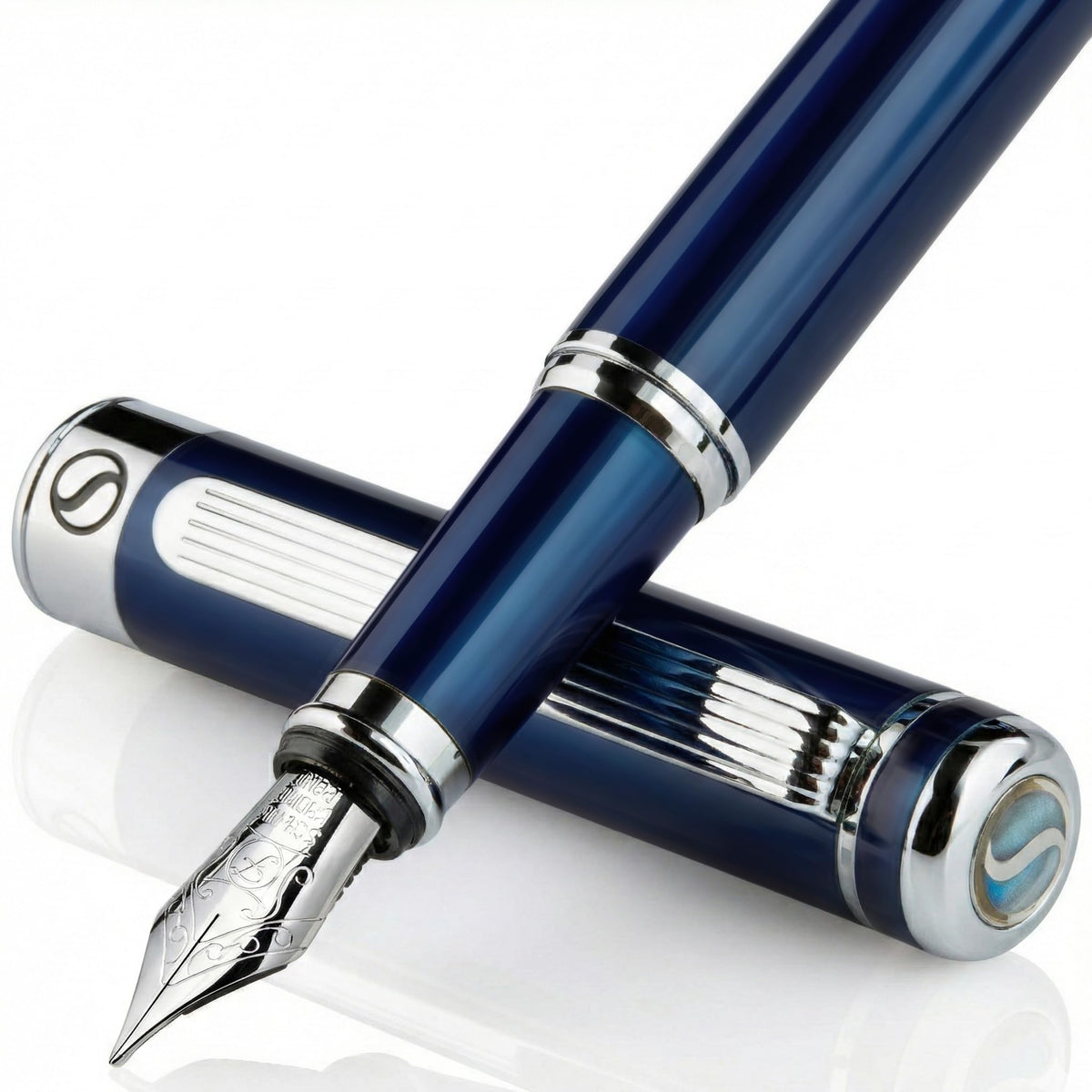 Scriveiner Midnight Blue Fountain Pen - Stunning Luxury Pen with Chrome Appointments, Schmidt Nib