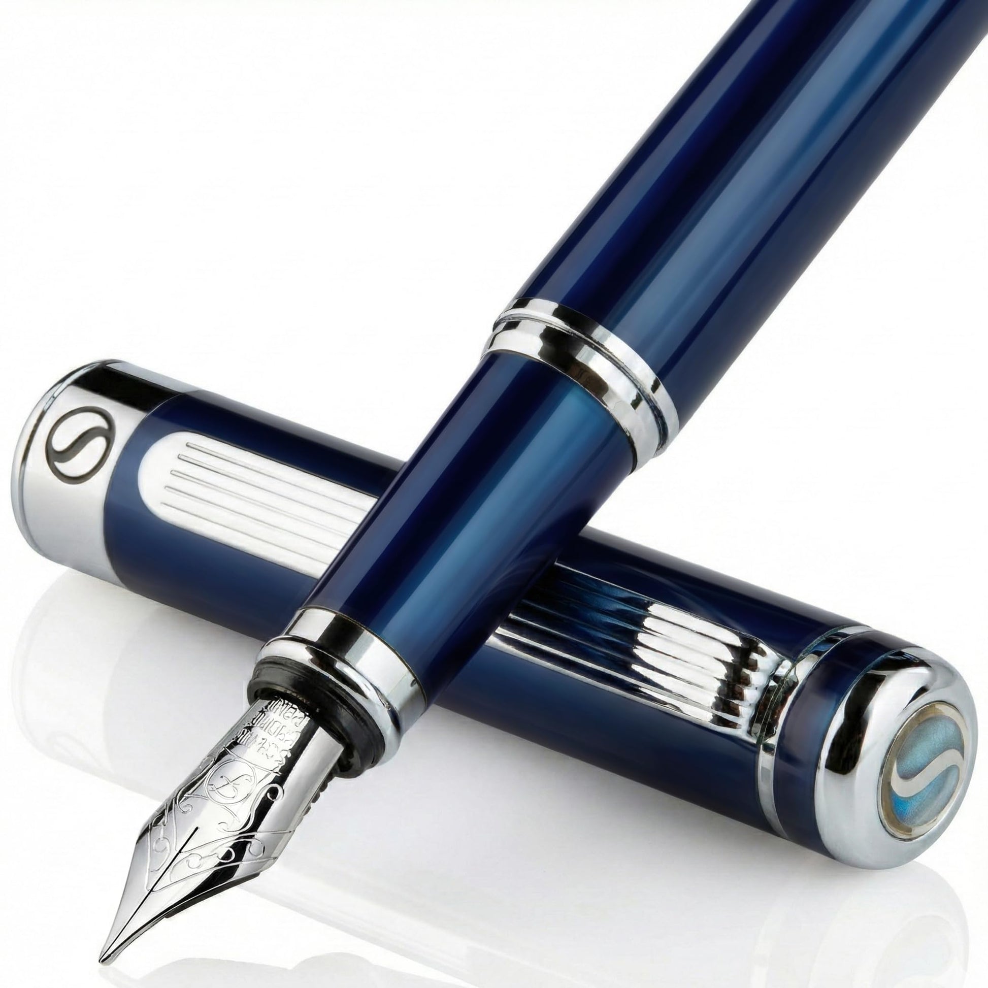 Scriveiner Midnight Blue Fountain Pen - Stunning Luxury Pen with Chrome Appointments, Schmidt Nib