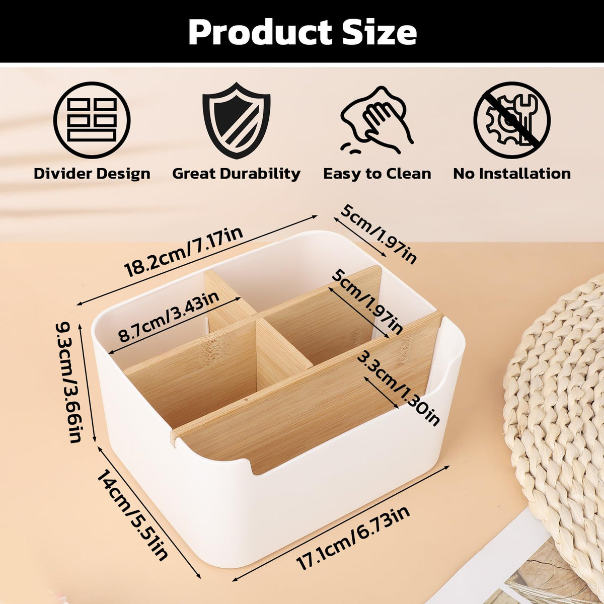 Segarty Desk Storage Box, Divided Bamboo Desktop Organizer, Pencil Holder, Detachable Pen Holder