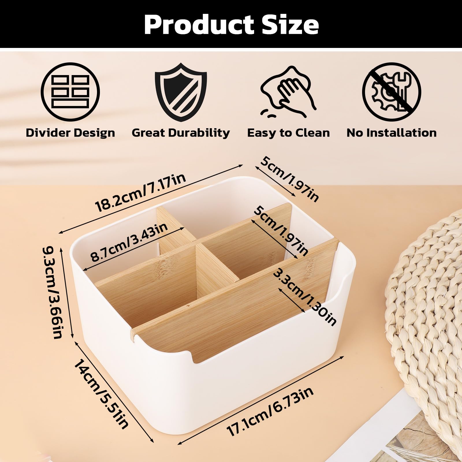 Segarty Desk Storage Box, Divided Bamboo Desktop Organizer, Pencil Holder, Detachable Pen Holder