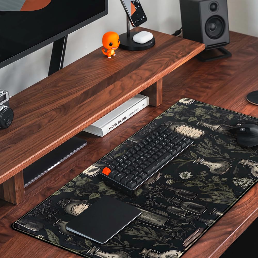Black Aesthetic Desk Mat - Vintage Large Gaming Flower Mouse Pad XXL Plant Wildflower Mousepad