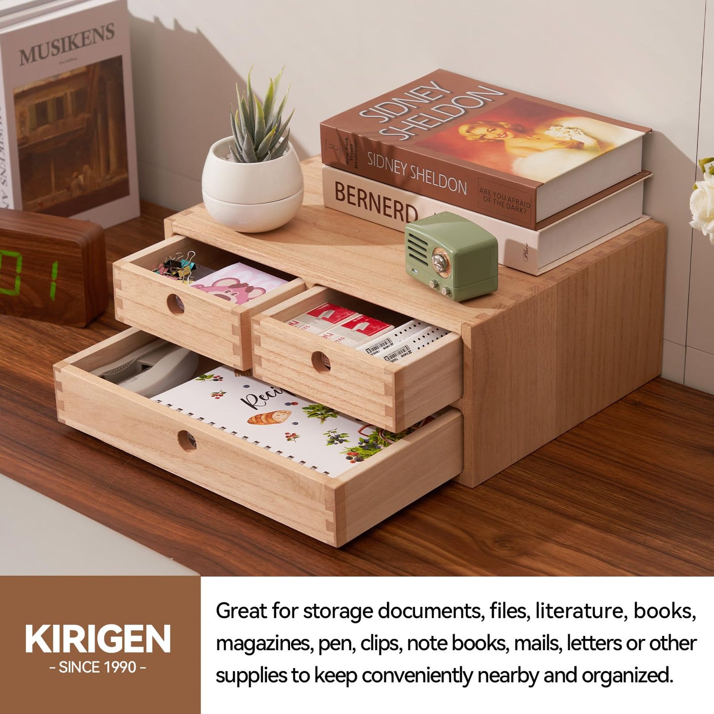 KIRIGEN Wood Desk Organizer with 3 Drawers, Desktop Storage, Natural 23-NA