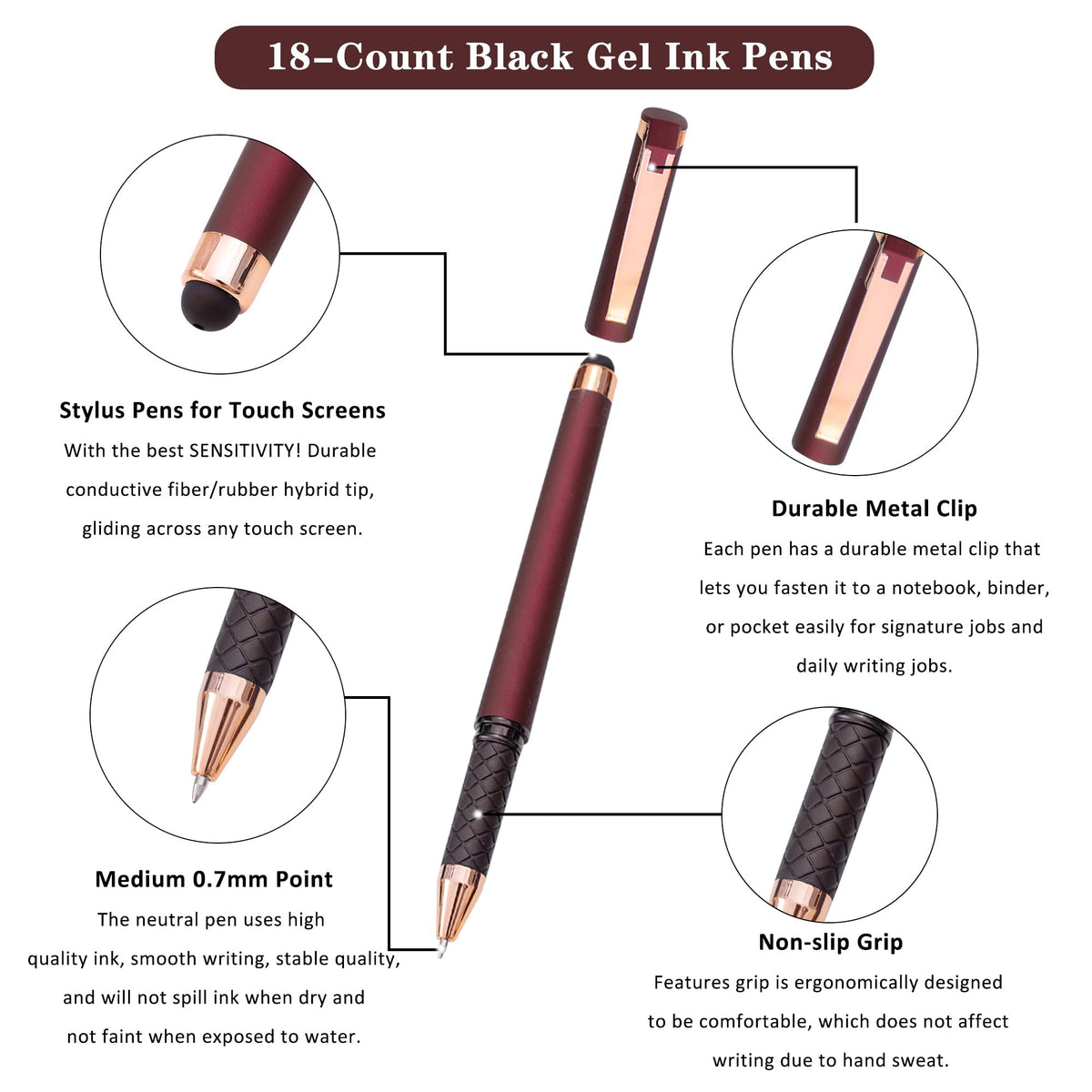 Linbsunne Black Gel Pens 0.7mm Medium Point Pen 2-in-1 Stylus
