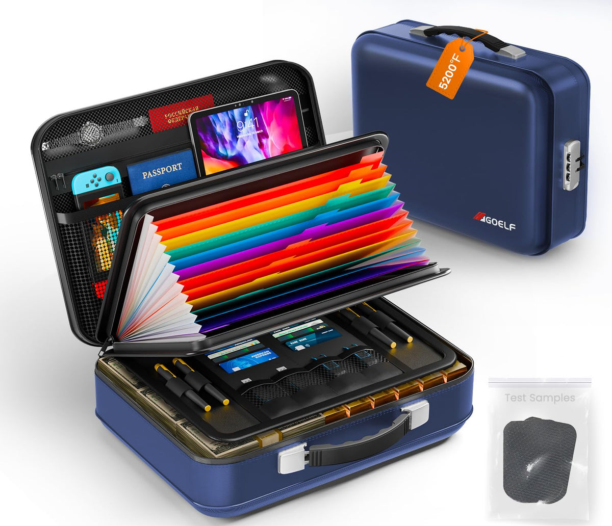 Fireproof Document Box with Lock, 5200°F Fireproof Water Resistant Hard Case File Organizer Safe