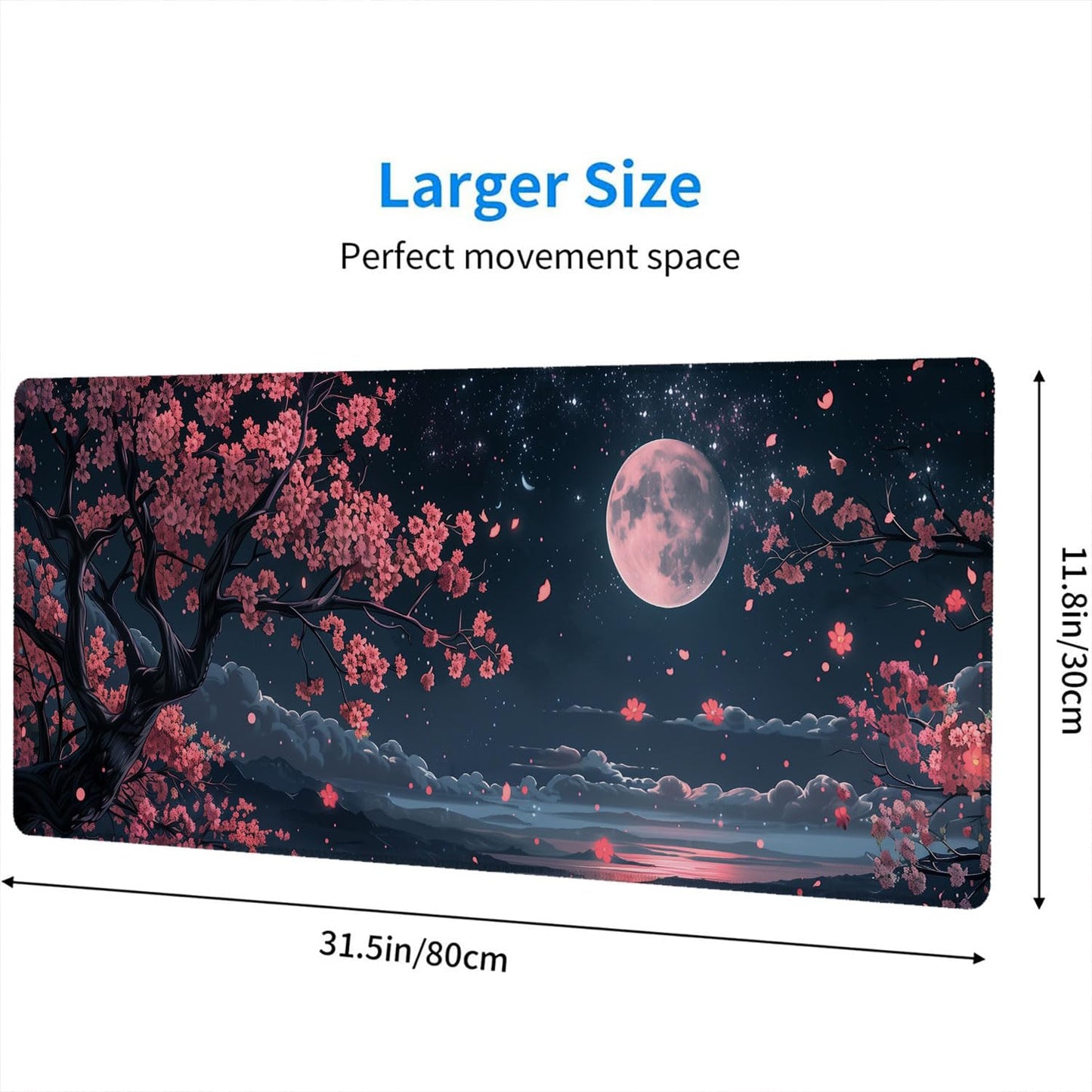 Cherry Blossom Floral Desk Pad Mouse Pad Kawaii Pink Black Moon Floral Gaming Mouse Mat with