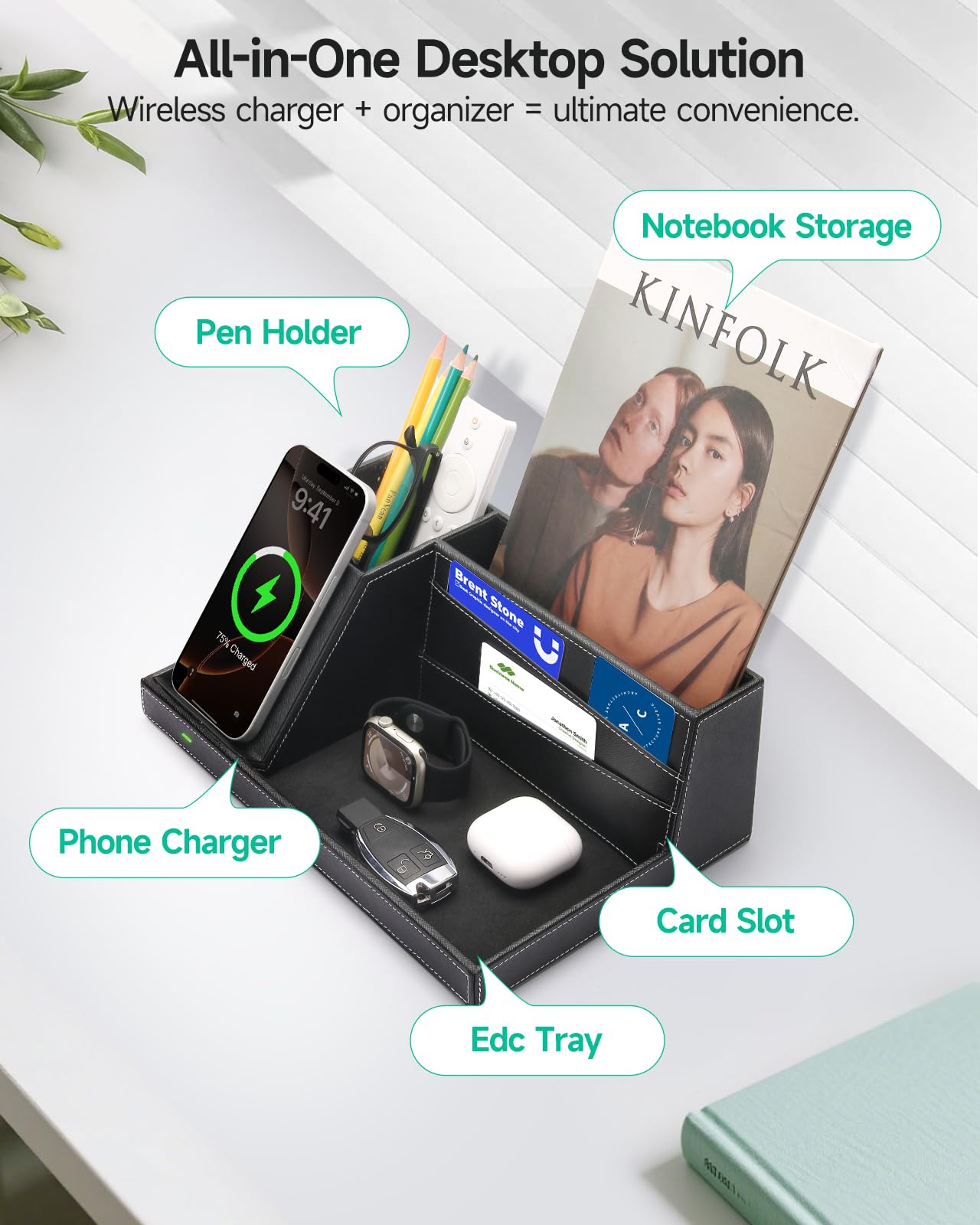 Valet Tray, Built in Wireless Charging Pad, Nightstand Organizer, Dresser Organizer, Mens Jewelry
