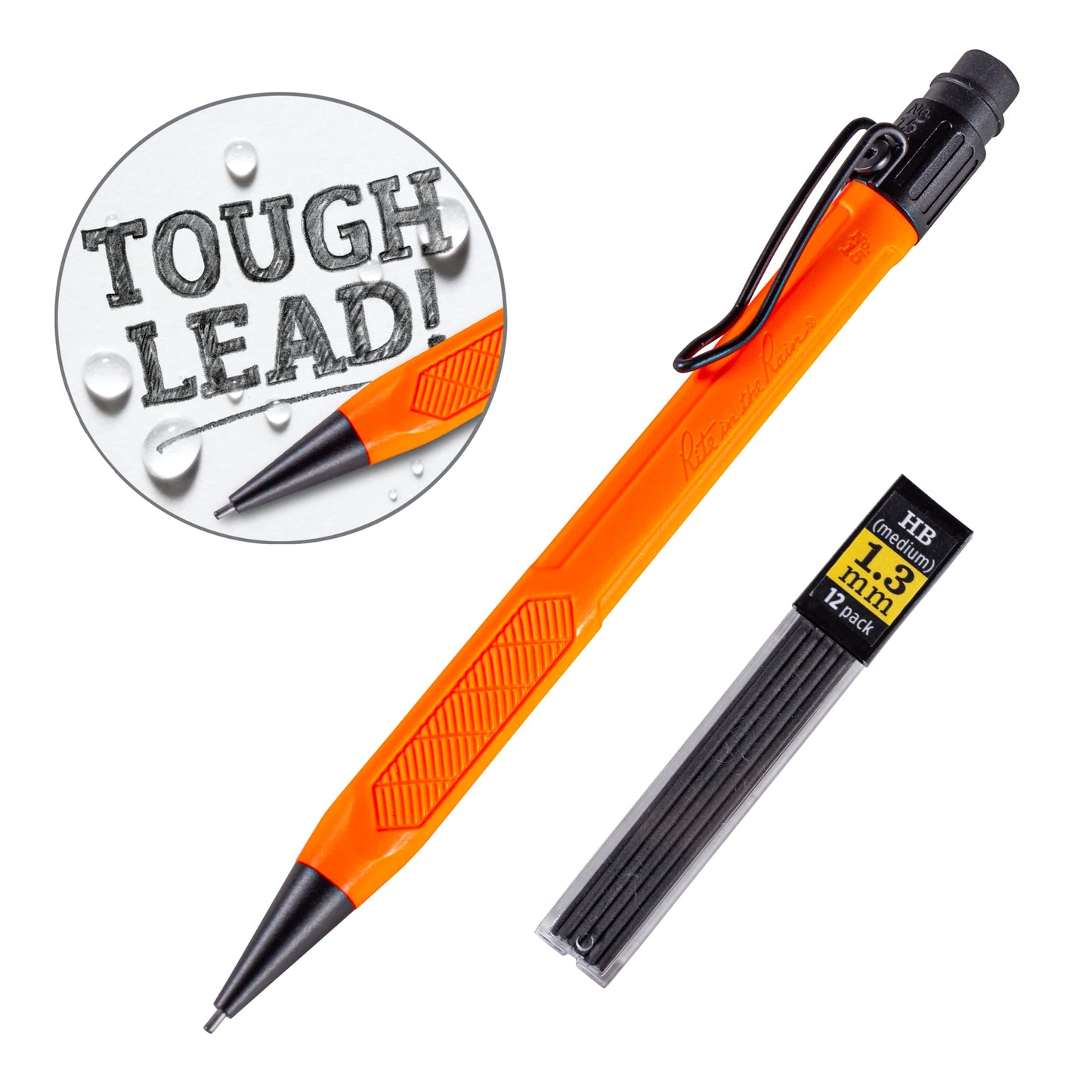 Rite in the Rain Weatherproof Mechanical Pencil, Orange Barrel, 1.3mm Dark Lead, 12 lead refills