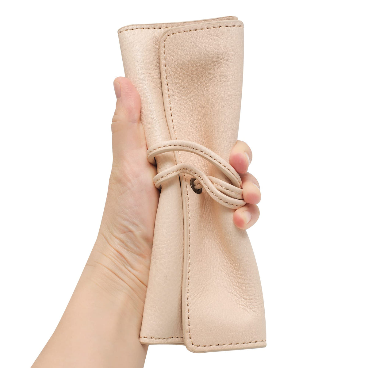 ZLYC Handmade Leather Pencil Case Soft Roll Bag Stationery Gift, Beige