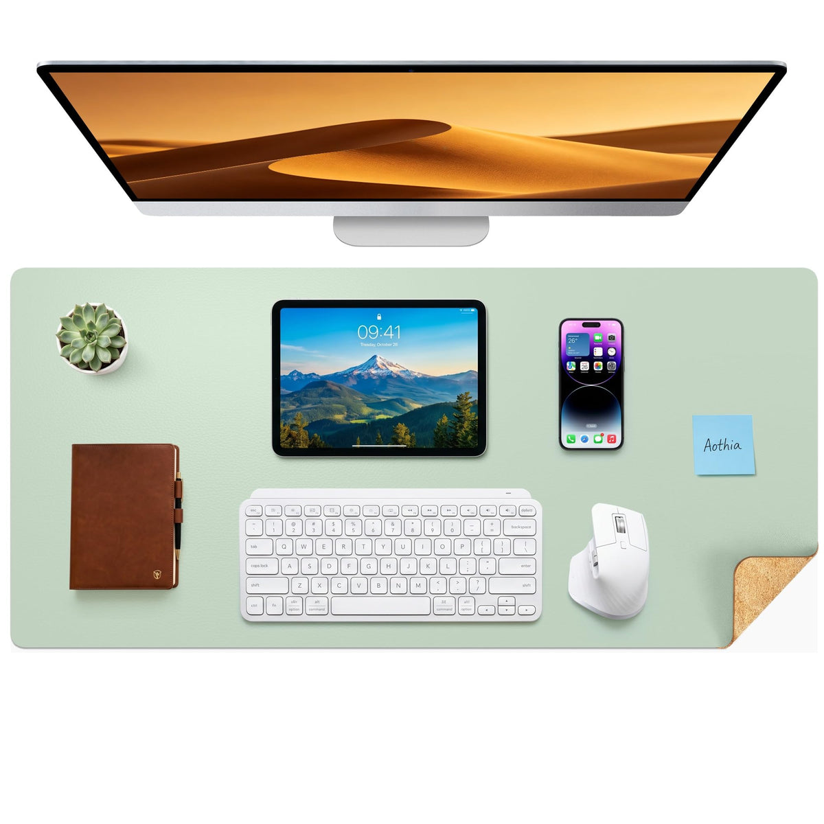 Aothia Double-Sided Desk Pad – 37.8"x17" Leather Desk Mat with Eco Cork Protector, Large Mouse Pad