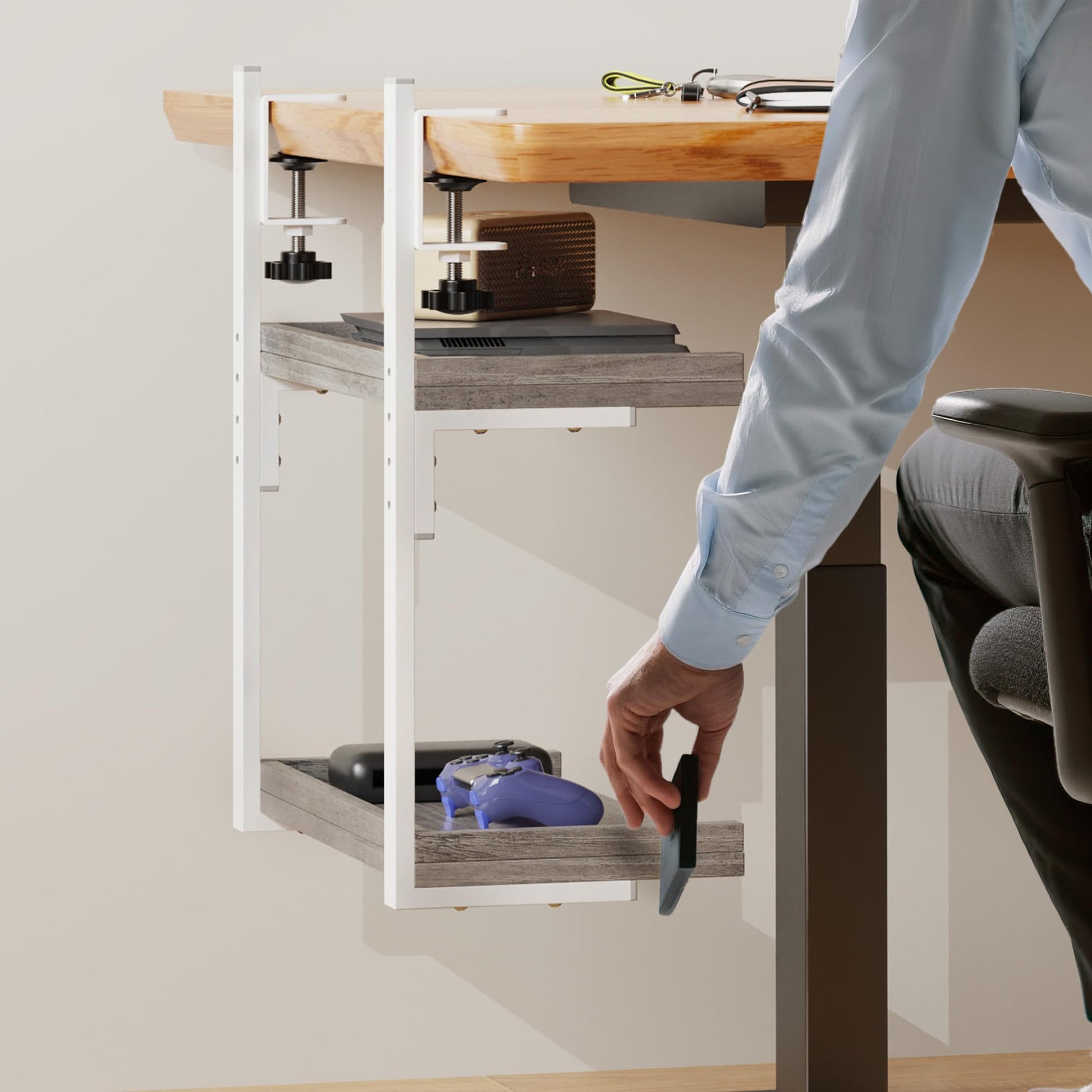 ART-GIFTREE Clamp On Desk Shelf 2-Tier, Wood Shelving Unit for Office Desk/Gaming Accessories